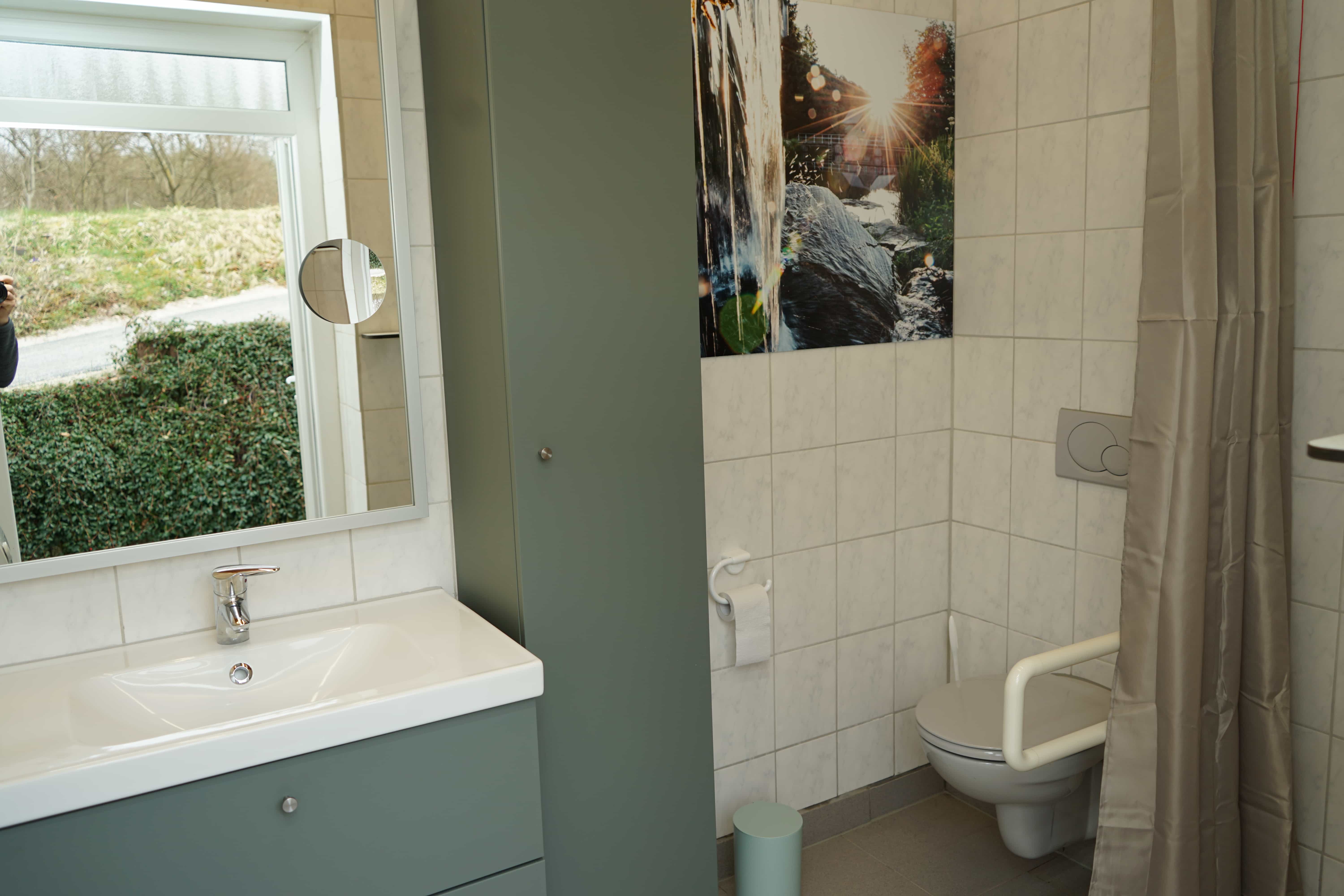 Vanity with shelf, toilet, and shower curtain