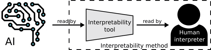 A simple model of information flow in interpretability. Information about an AI's representations is read by an interpretability tool, which is read in turn by a human interpreter. The interpretability tool together with the human interpreter form the 'interpretability method'.