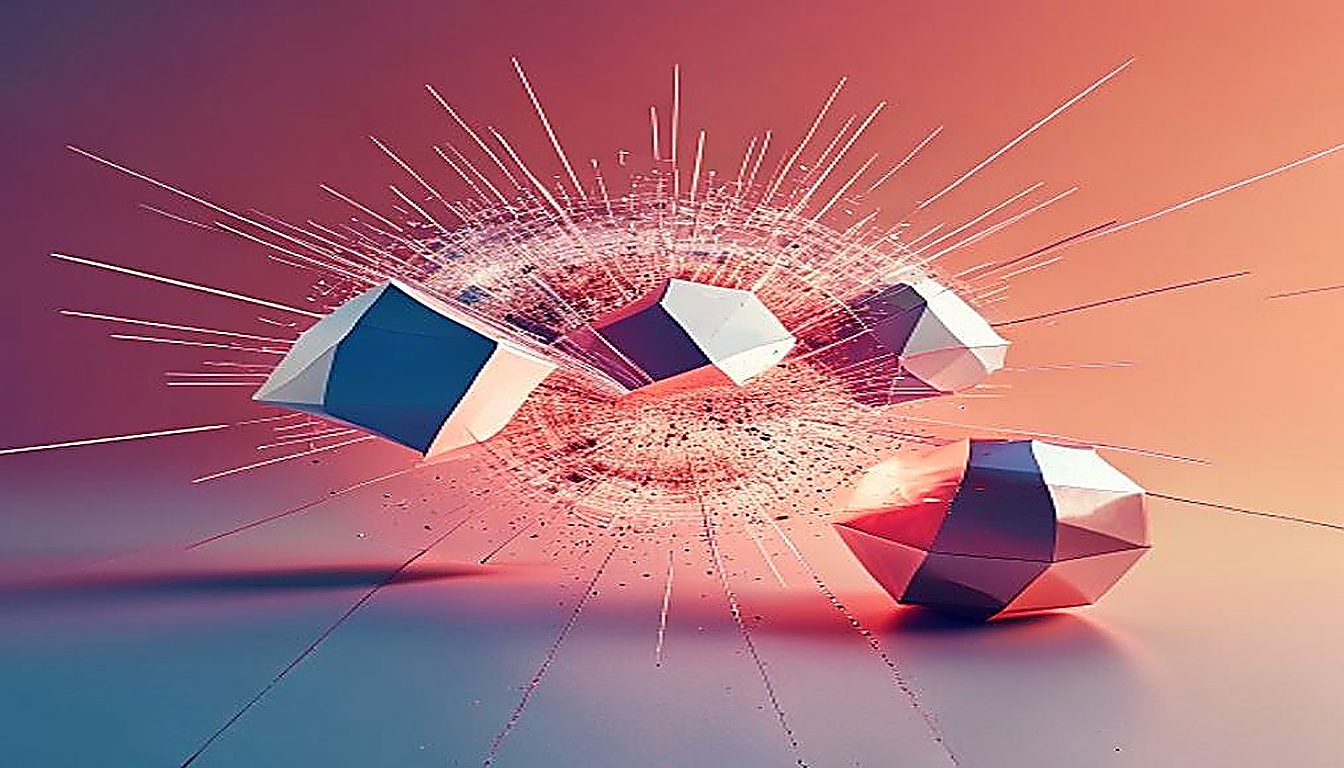 Three geometric solids fracturing under opposing forces, representing the category confusion that derails tech product branding strategy.