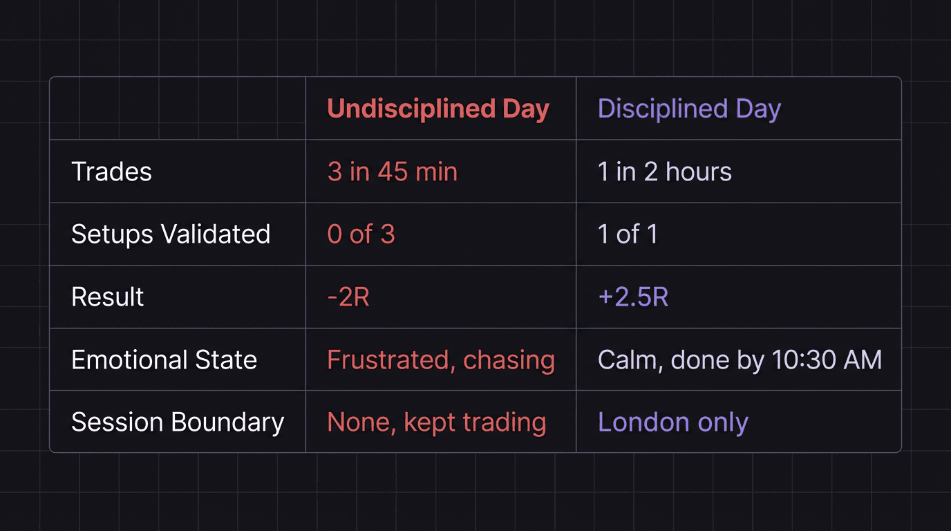 Comparison table contrasting an undisciplined trading day versus a disciplined trading day