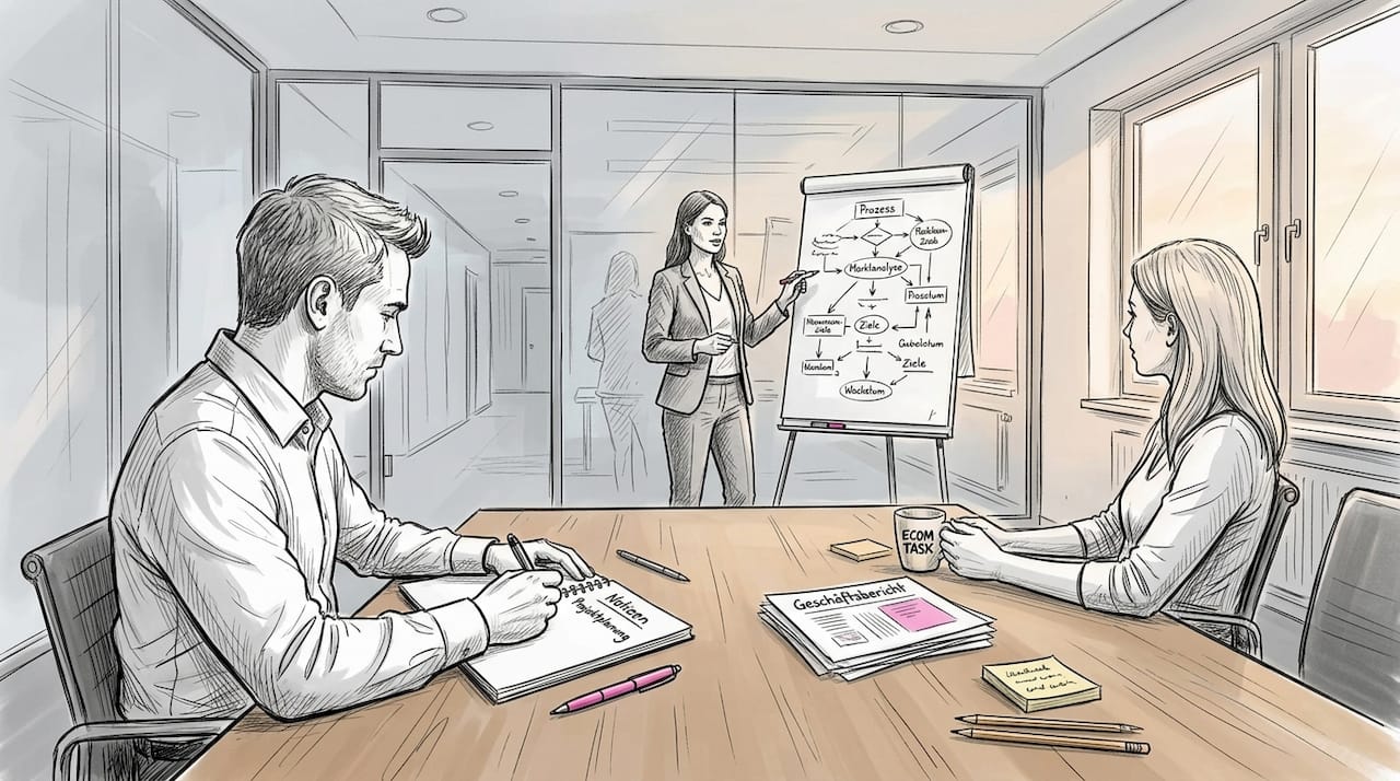 Das Team bespricht im Besprechungsraum die Strategie für das Projekt.