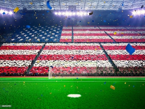 Soccer stadium filled with fans showing American colors