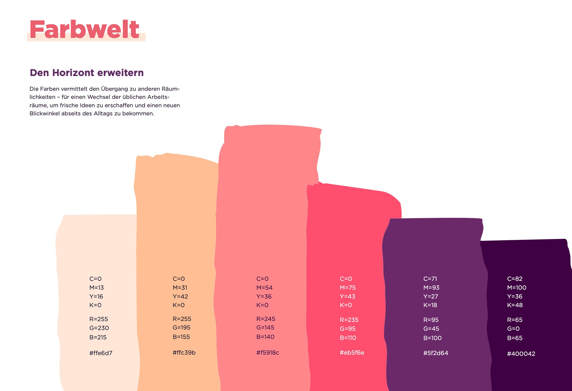 Farbwelt von Consolmo mit abgestimmter Palette aus Beige-, Rosa- und Violetttönen inklusive Farbwerten