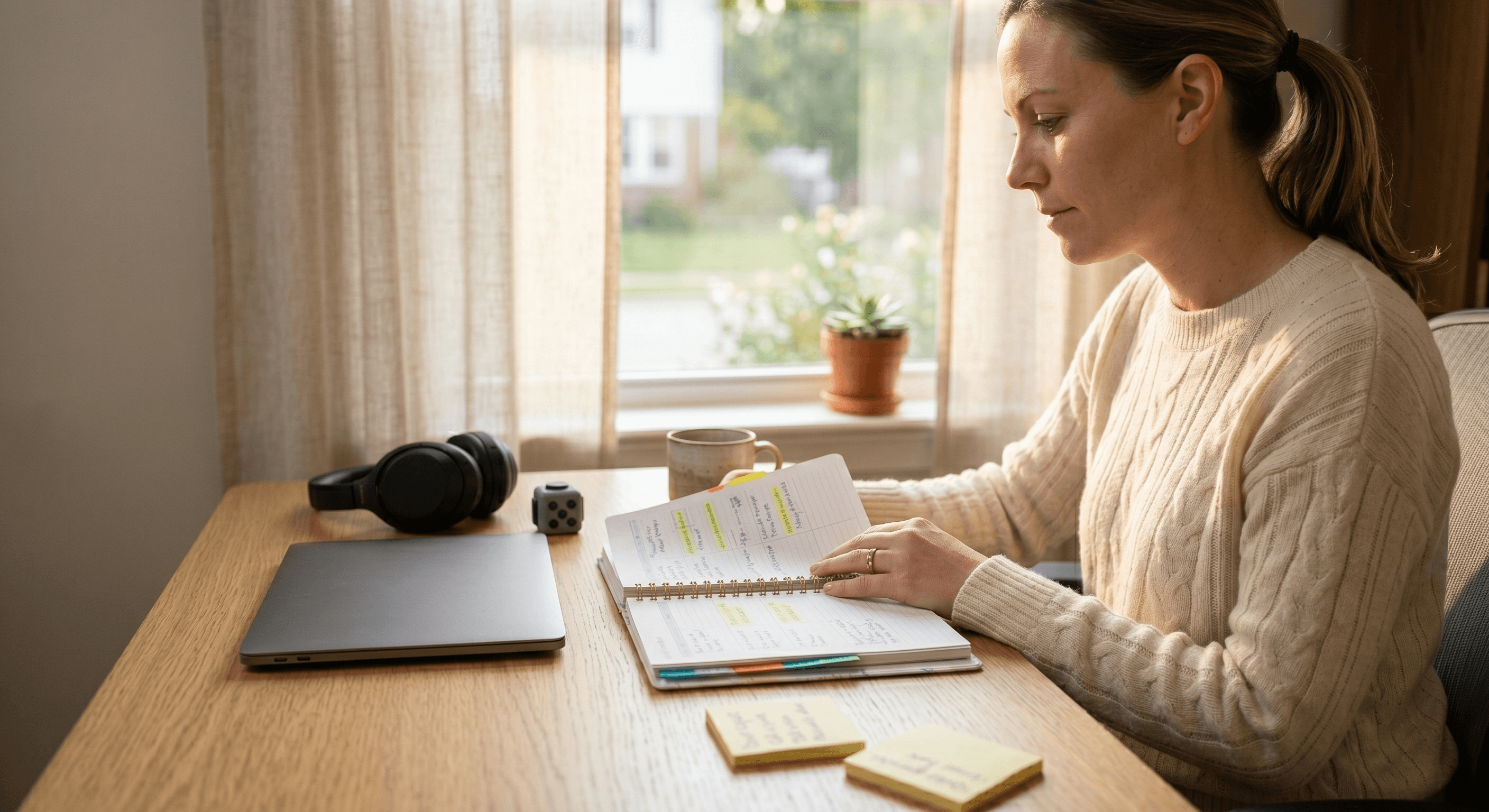 Woman in her late thirties working from a home office desk with color-coded planner and noise-canceling headphones
