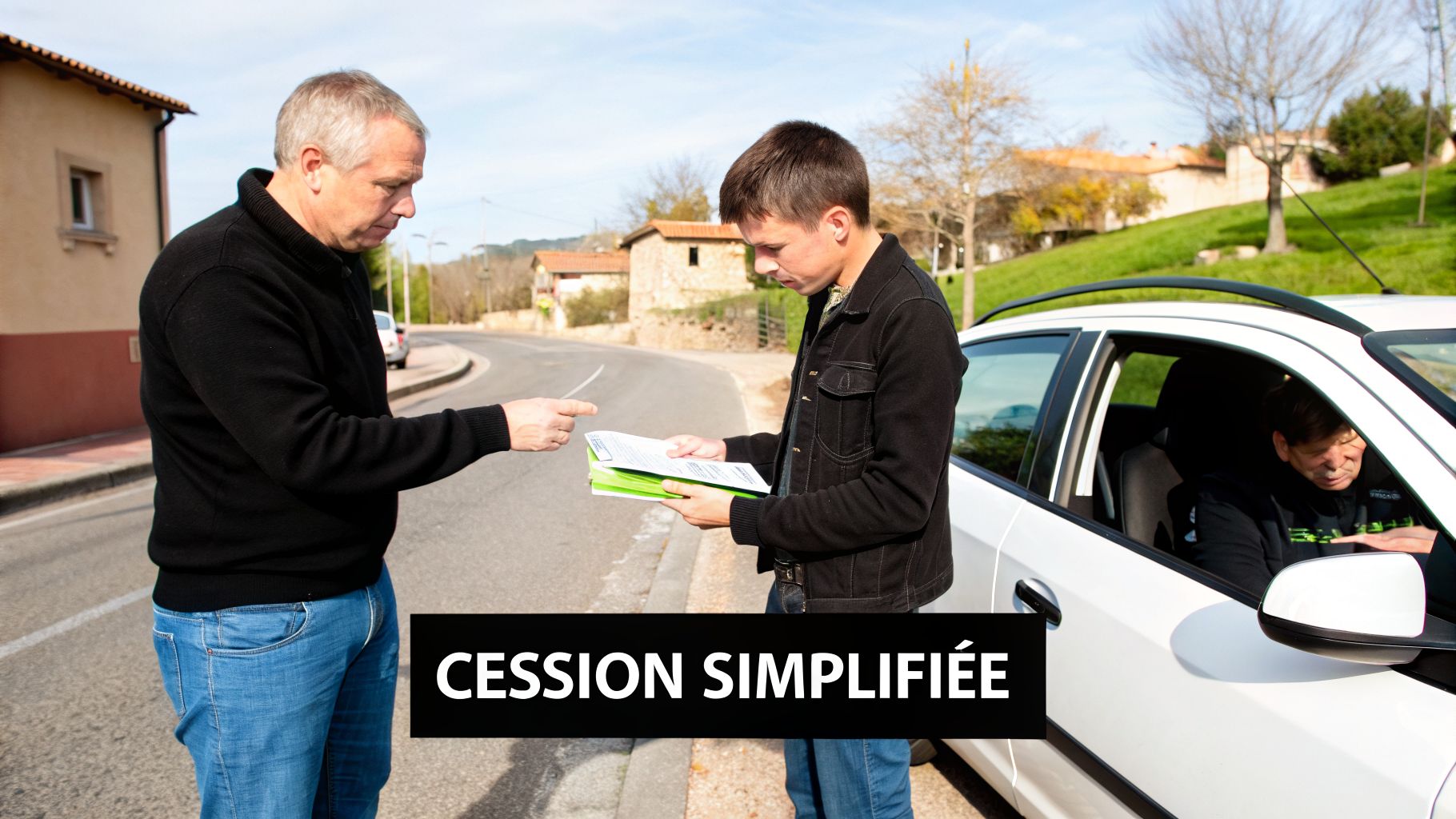 Un homme montre des documents à un jeune homme devant une voiture avec le texte « CESSION SIMPLIFIÉE ».