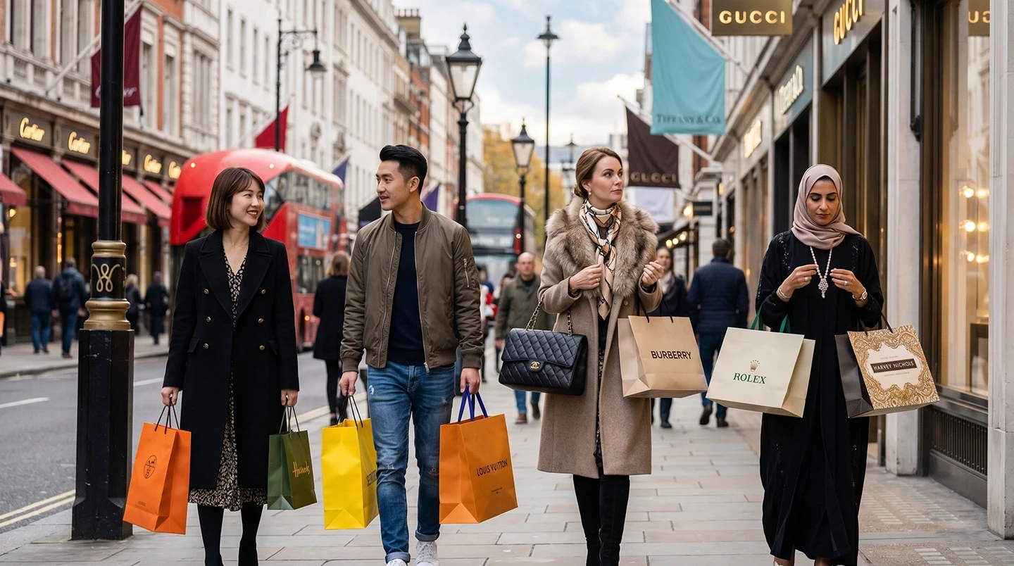 Asian and Muslim shoppers carrying high-end brand bags on Bond Street with red bus for mediareach luxury retail