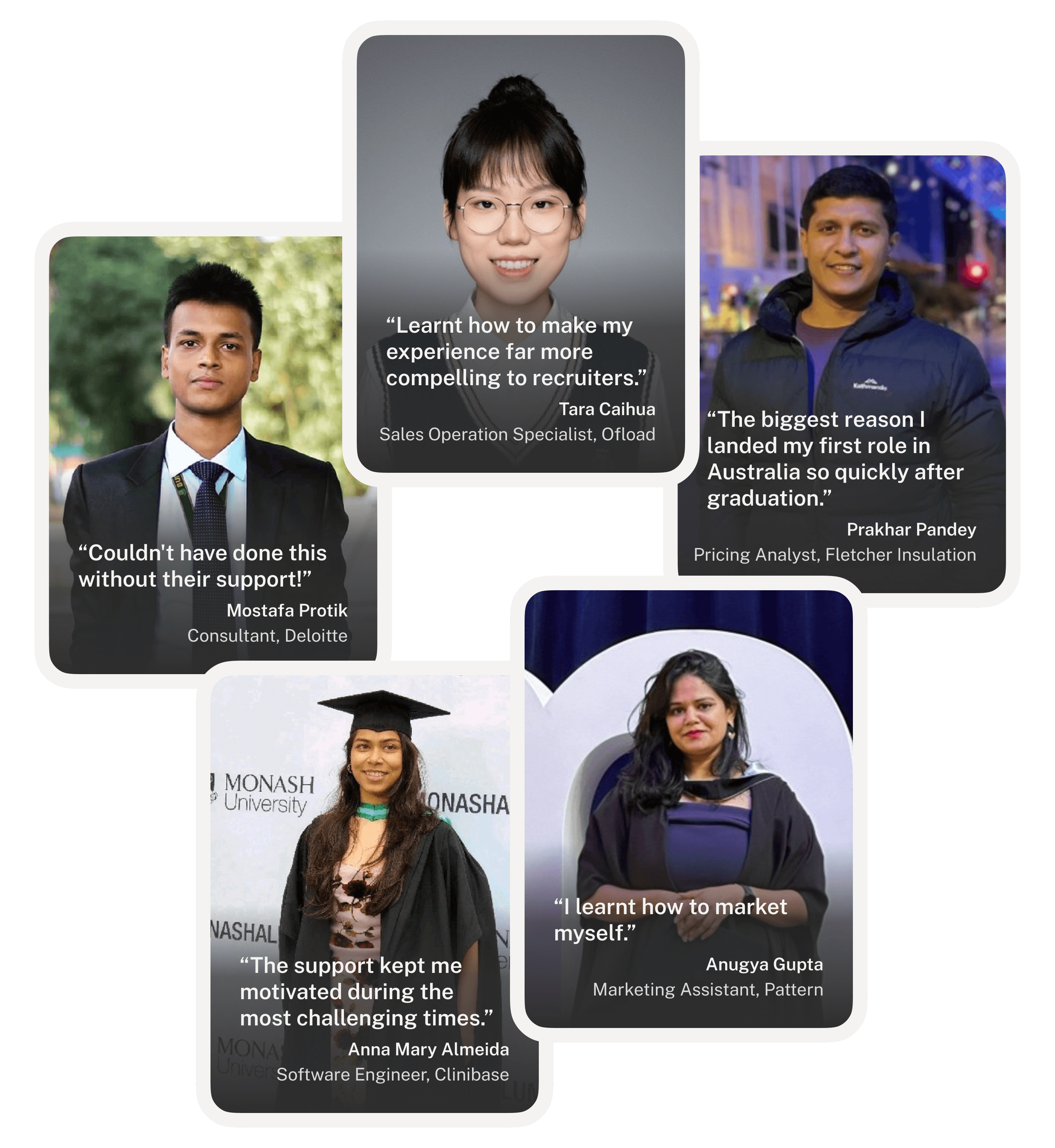 A collage of 5 successful mentees talking about how My First Strayan Offer helped them.