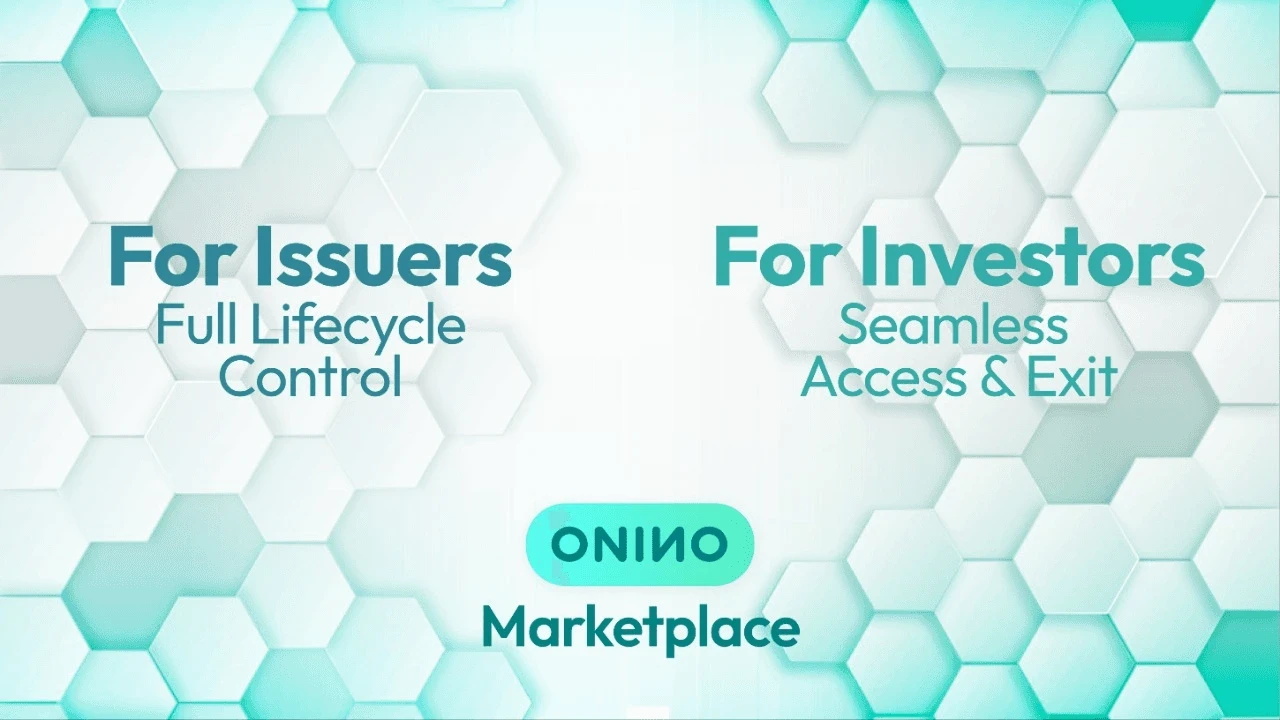 Split graphic showing full lifecycle control for issuers and seamless access and exit for investors — ONINO Marketplace