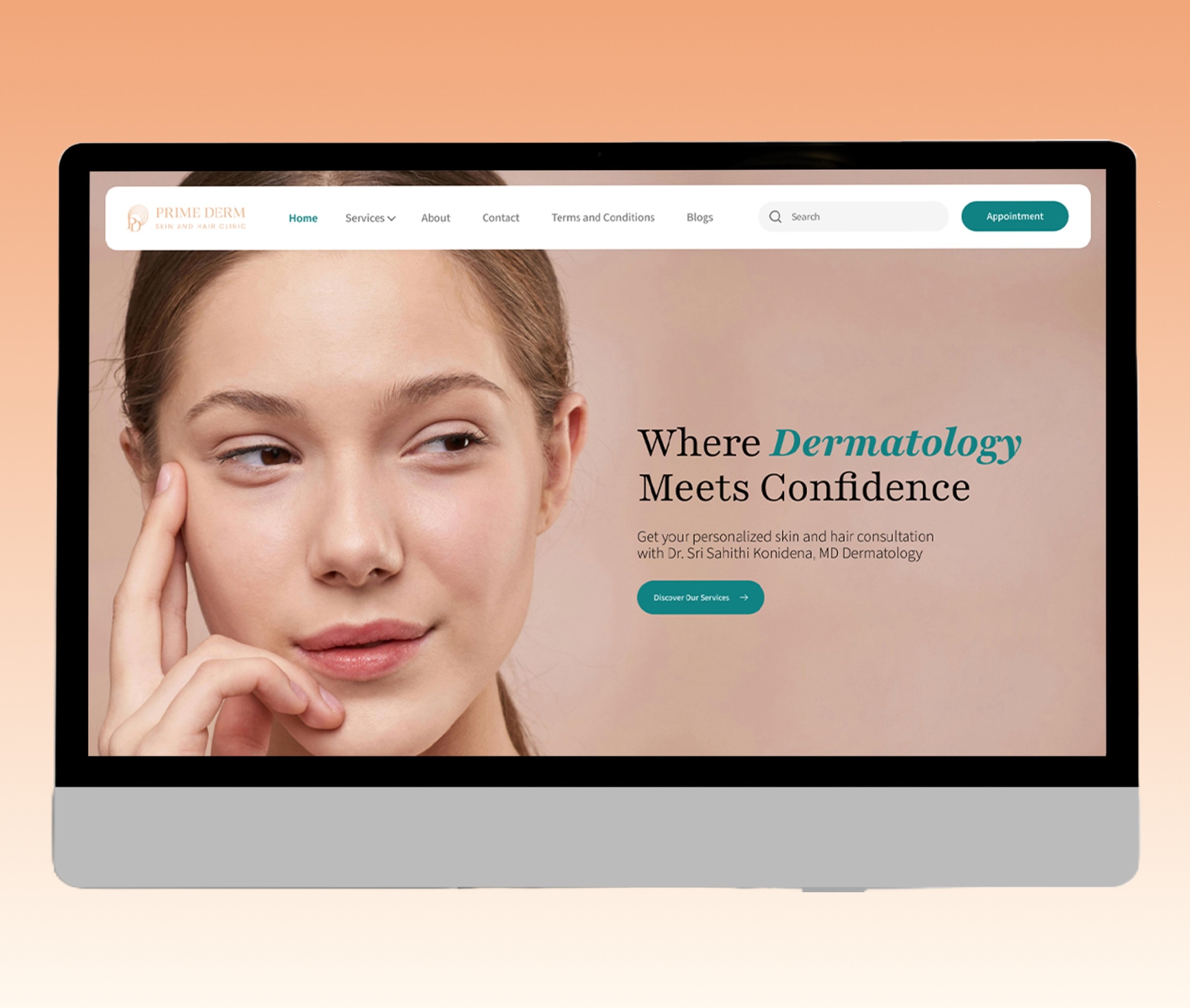 Tablet displaying a dermatology clinic website with the tagline 'Where Dermatology Meets Confidence' and an image of a woman touching her face, offering personalized skin and hair consultation services.