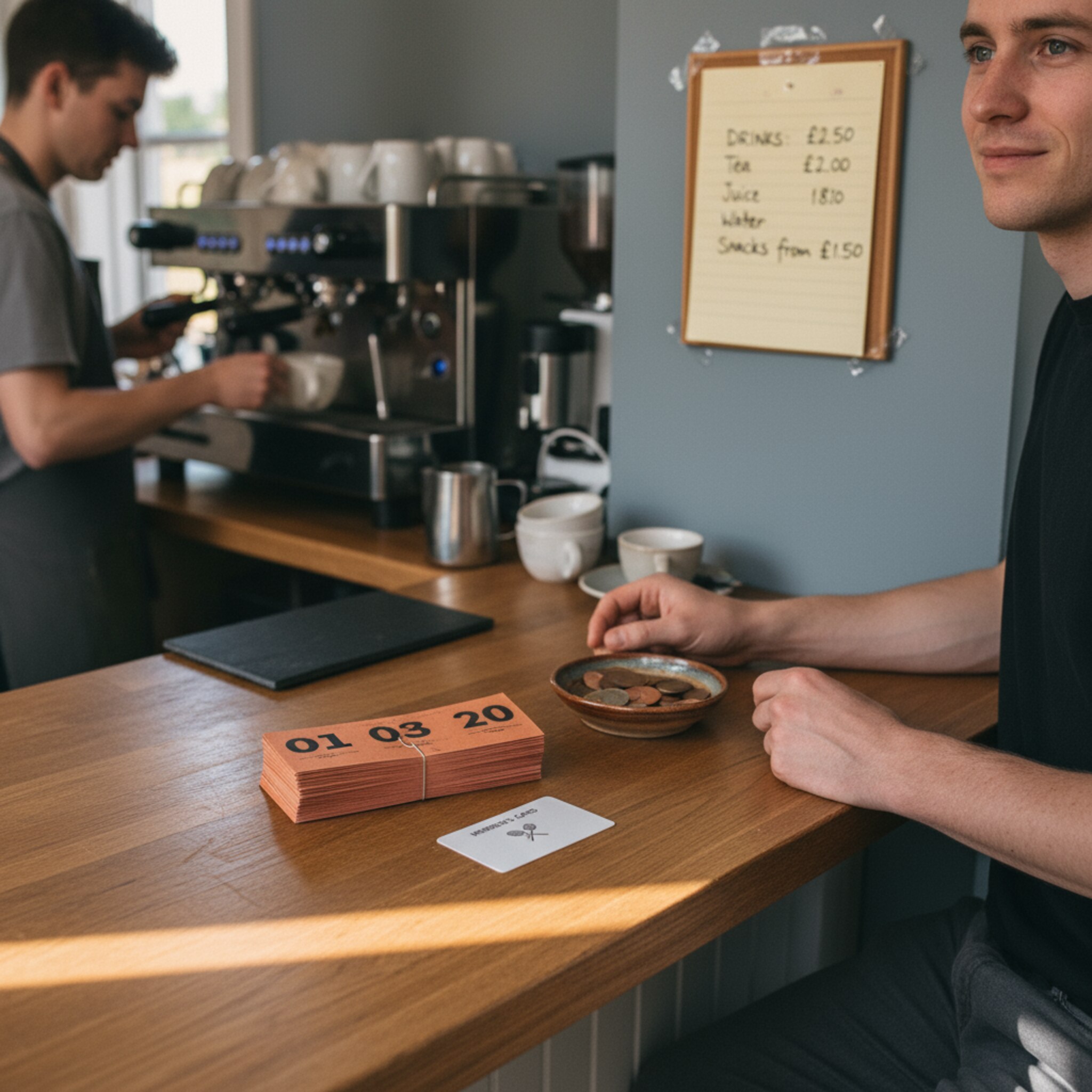 Am Tresen des Vereinsheims steht eine kleine Schale mit Wechselgeld neben nummerierten Verzehrbons. Ein Mitglied legt seine Clubkarte ab, während im Hintergrund Tassen klirren. Eine handgeschriebene Preisliste hängt diskret an der Pinnwand. Das Licht ist weich, die Abläufe wirken geordnet und vertraut.