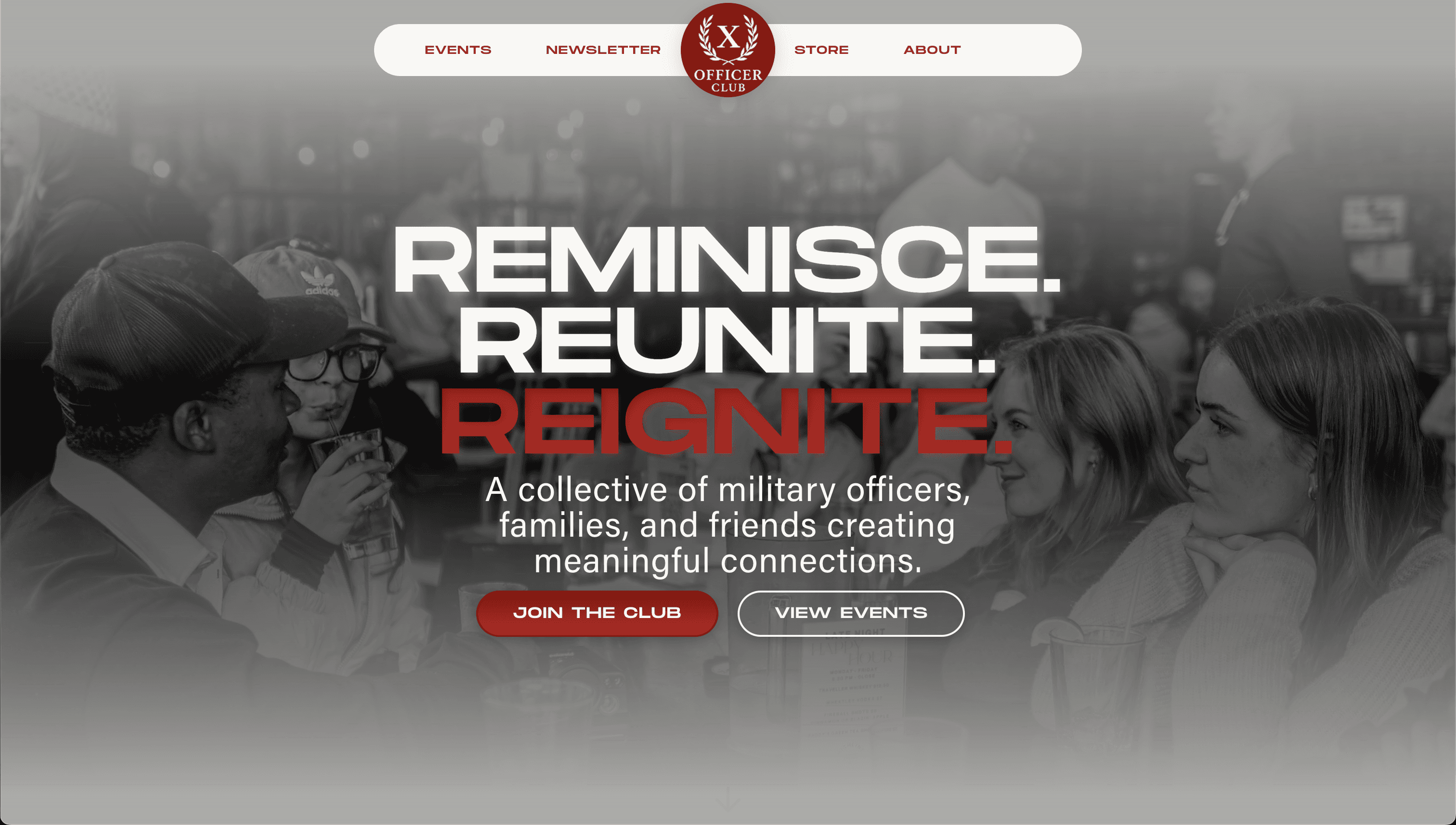 Hero section of TheOfficerClubX website featuring the tagline 'Reminisce. Reunite. Reignite.' and a vibrant image of military officers, families, and friends connecting. The section includes buttons to join the club and view events.
