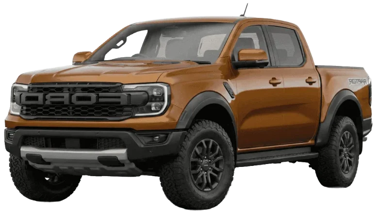 A rugged orange pickup truck with black accents parked at an angle, showcasing its sporty design and large wheels.