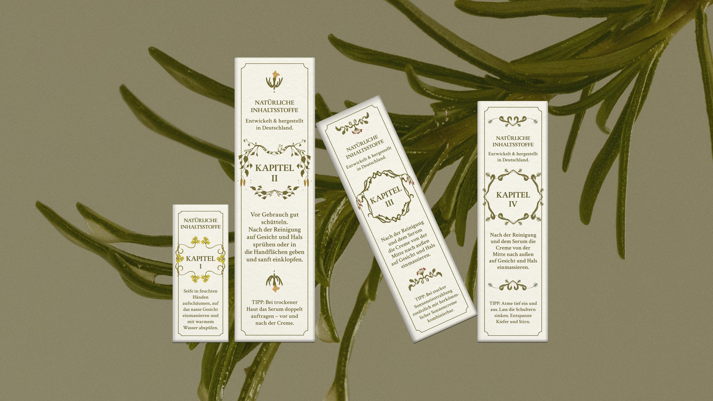 Eine Kosmetikserie aus vier Produkten wird in eine Kapitelstruktur überführt, die Zusammenhänge sichtbar macht. Illustrationen der zentralen Pflanzen – umgesetzt von einer Künstlerin – machen Inhaltsstoffe und Wirkung visuell nachvollziehbar.