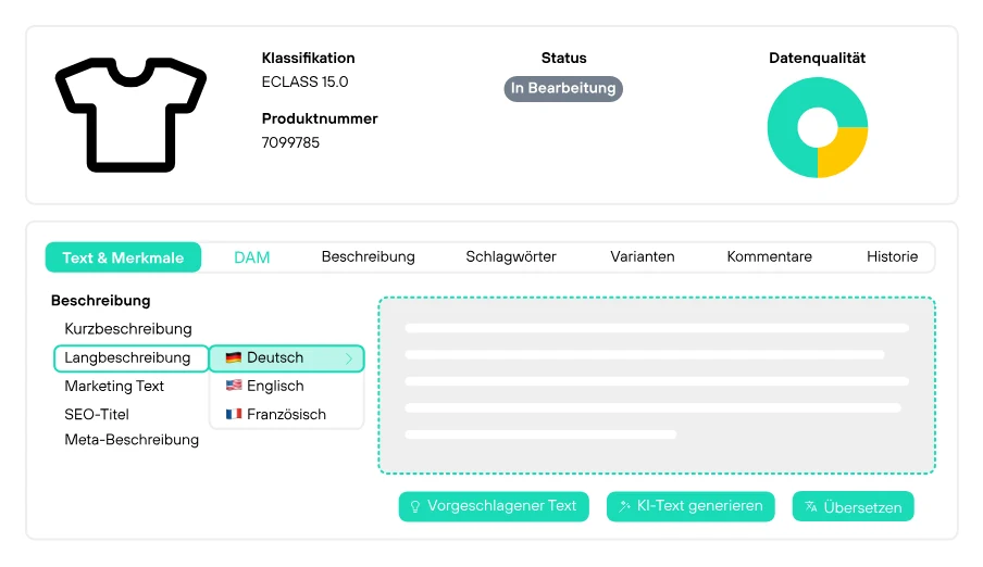 Die entitys.io Product Card Ansicht zur Verwaltung umfassender Produktdetails, inklusive KI-Texterstellung, Variantenmanagement und Historie.
