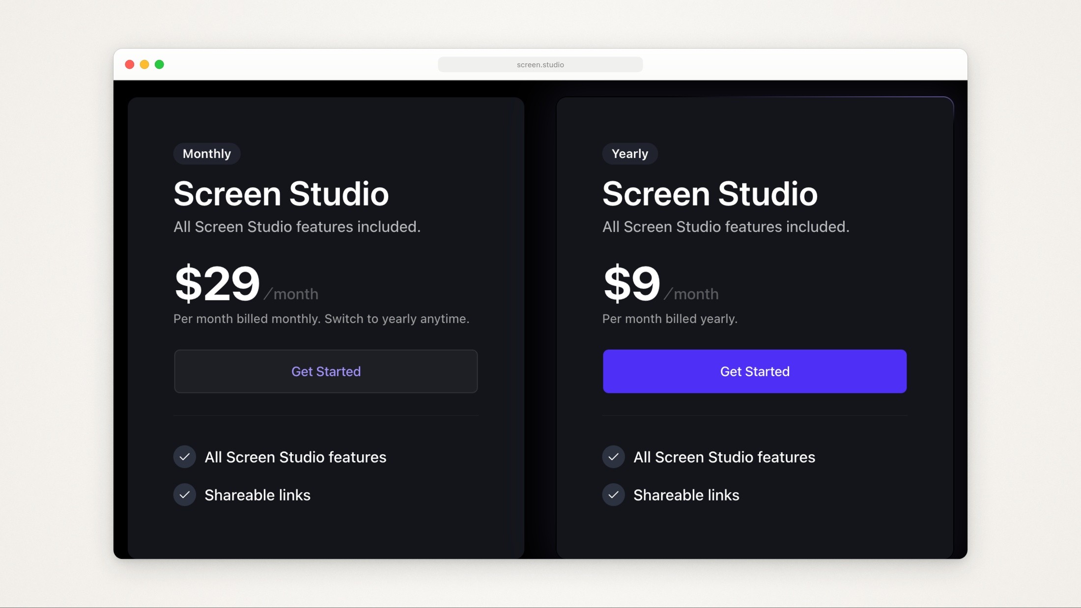 Screen Studio pricing cards: Monthly at $29 a month billed monthly and Yearly at $9 a month billed yearly, both with all features and shareable links