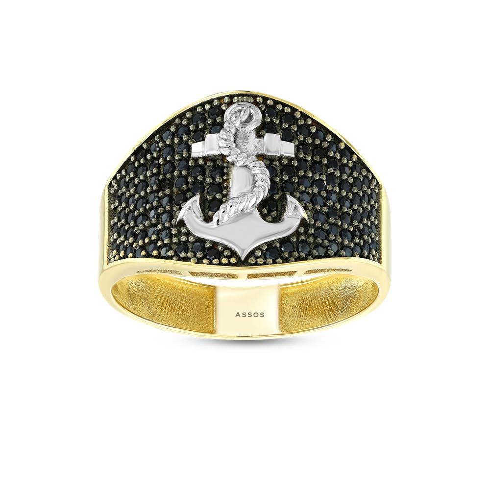 Assos Pırlanta 14 Ayar Altın Çapa Motifli Siyah Taşlı Erkek Yüzük