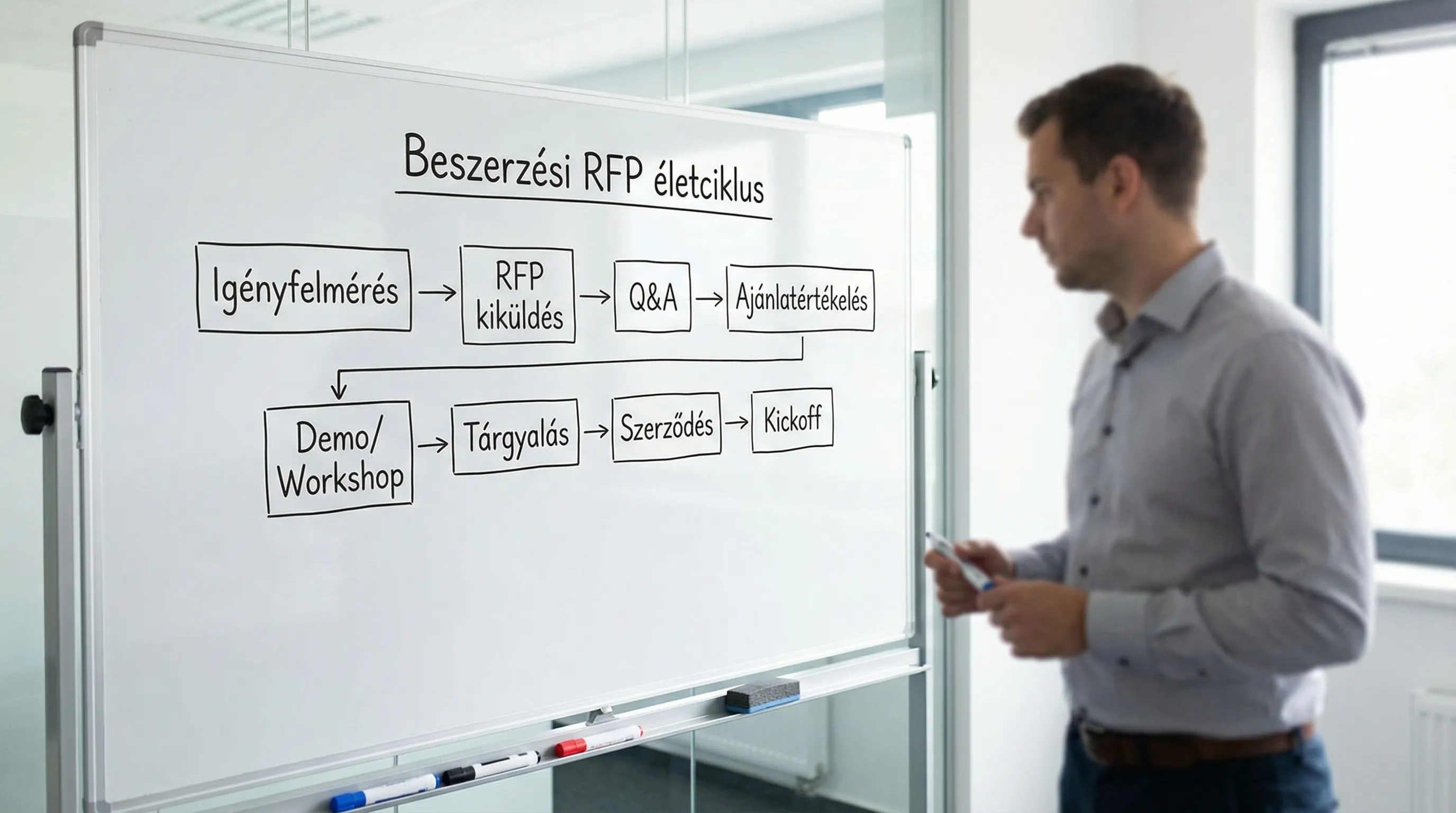 Egyszerű folyamatábra a beszerzési RFP életciklusáról, a lépések: igényfelmérés, RFP kiküldés, Q&A, ajánlatértékelés, demo/workshop, tárgyalás, szerződés, kickoff.