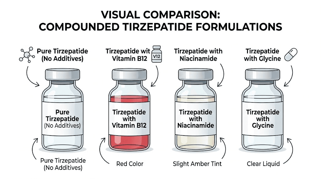 Compounded tirzepatide color guide showing different formulation appearances
