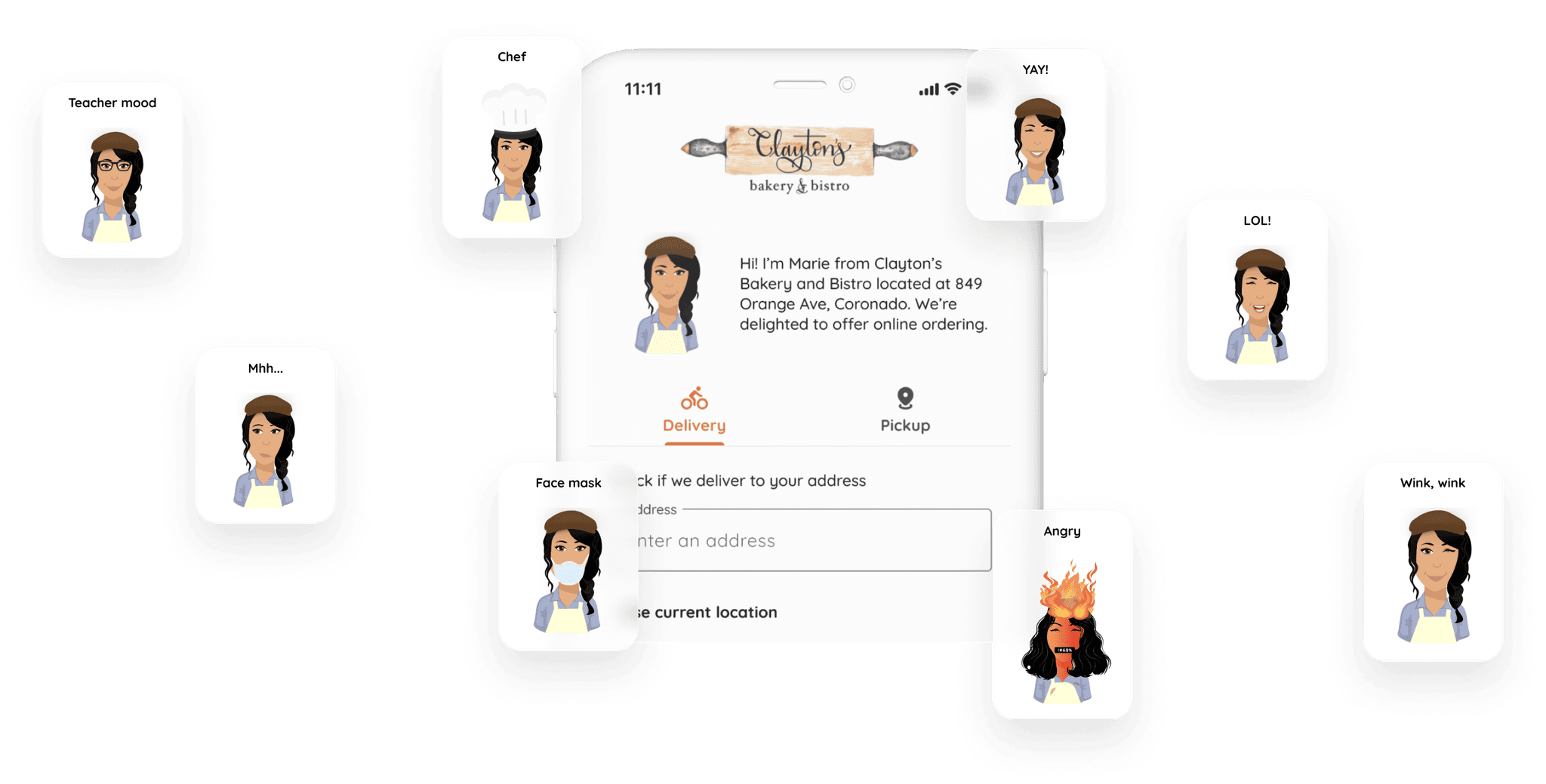 Mockup of a client's food delivery app featuring all the different personalities of her avatar displayed around it.