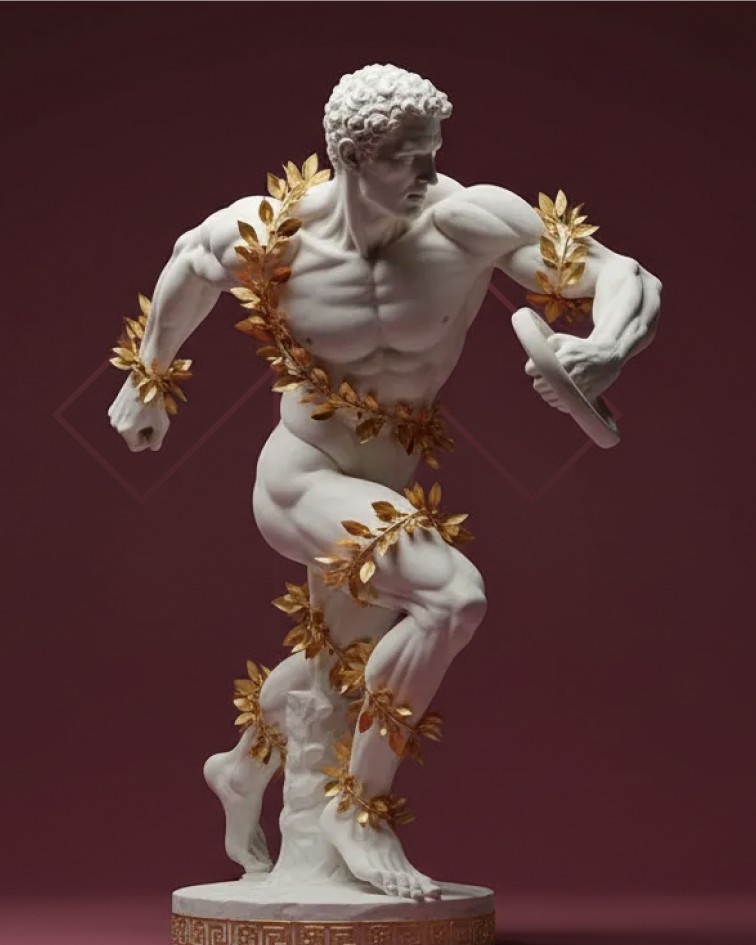 White marble sculpture of a muscular figure in motion, adorned with golden laurel leaves, holding a discus, against a deep red background.