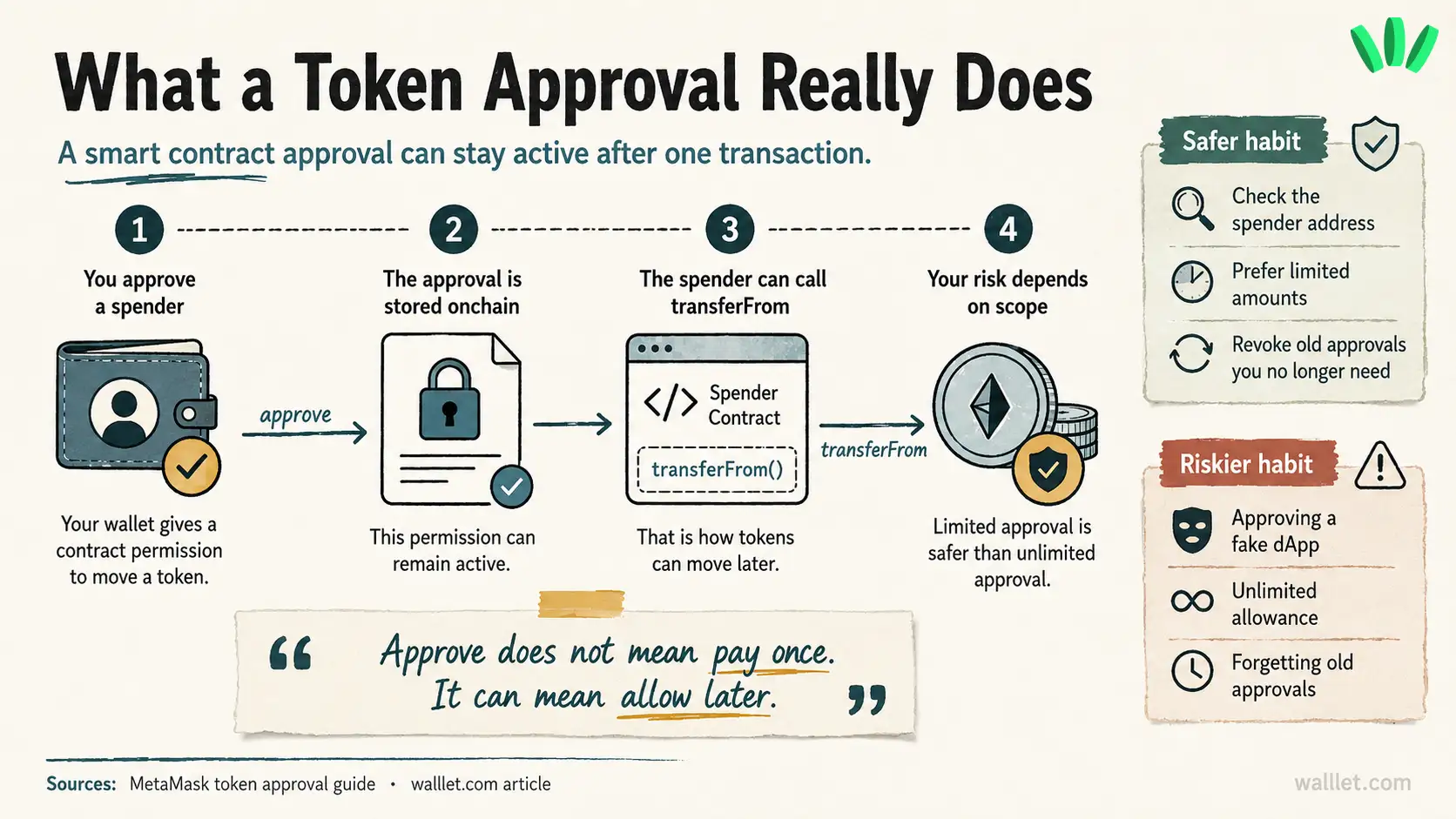 Visual explanation of what a token approval does in a smart contract, showing how approval gives a spender permission, how that permission stays onchain, and how transferFrom can move tokens later.