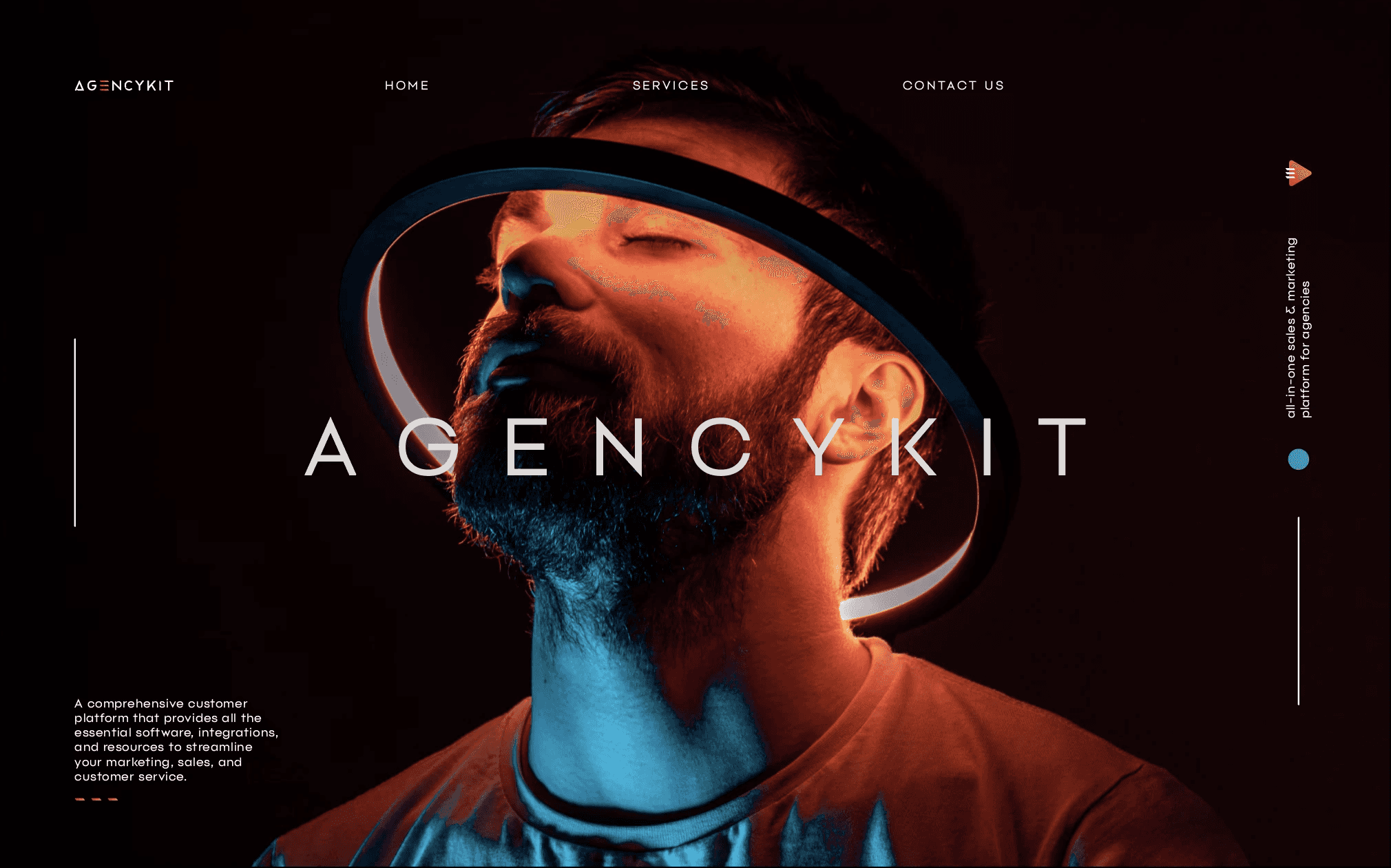 Blurred portrait of a person in an orange patterned shirt with glowing glasses, creating a futuristic and artistic vibe.