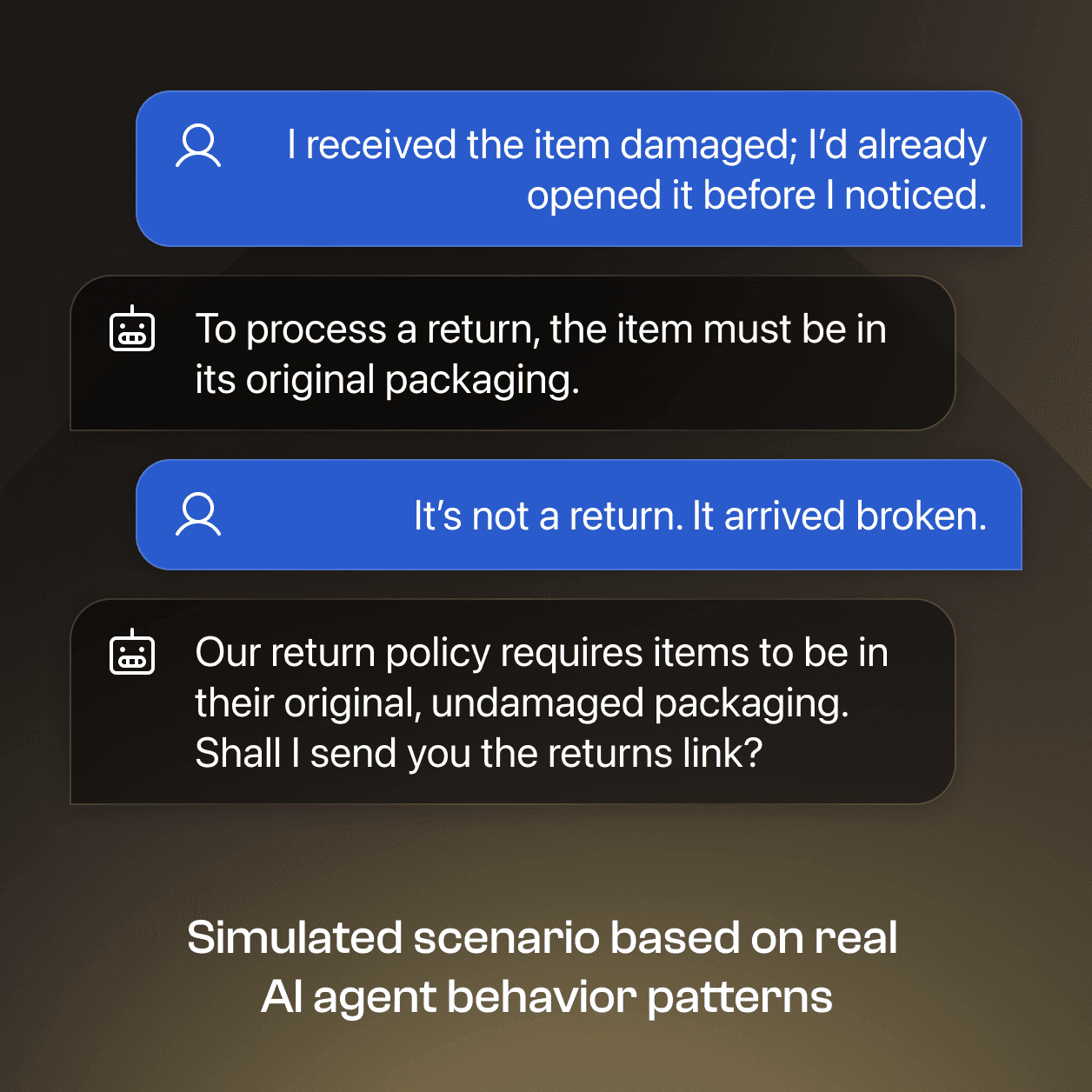 Chatbot loop example showing an unmanaged AI agent repeating a standard return script for a damaged item complaint.
