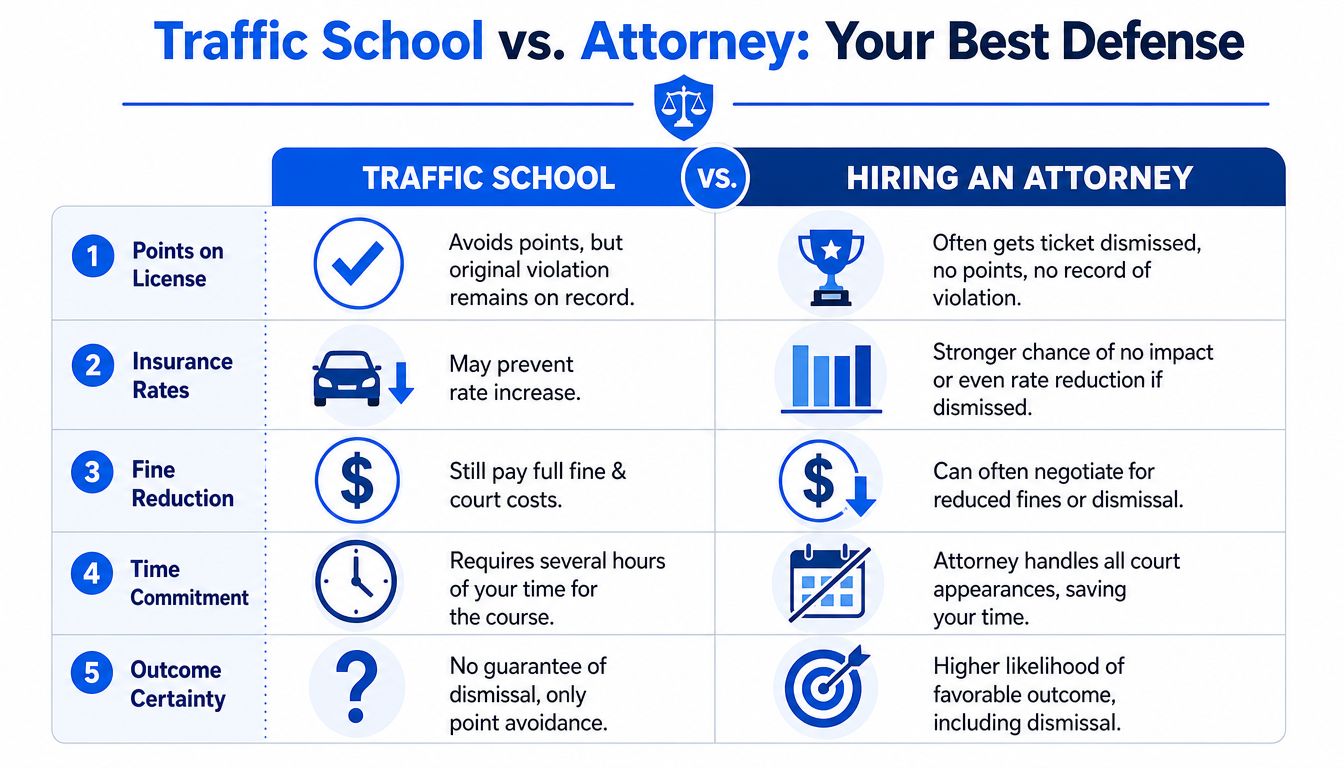 A comparison chart showing the benefits of attending traffic school versus hiring a professional traffic attorney.