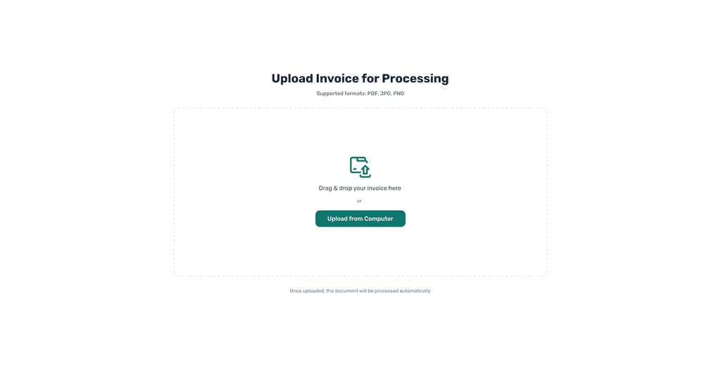 Invoice upload screen for processing