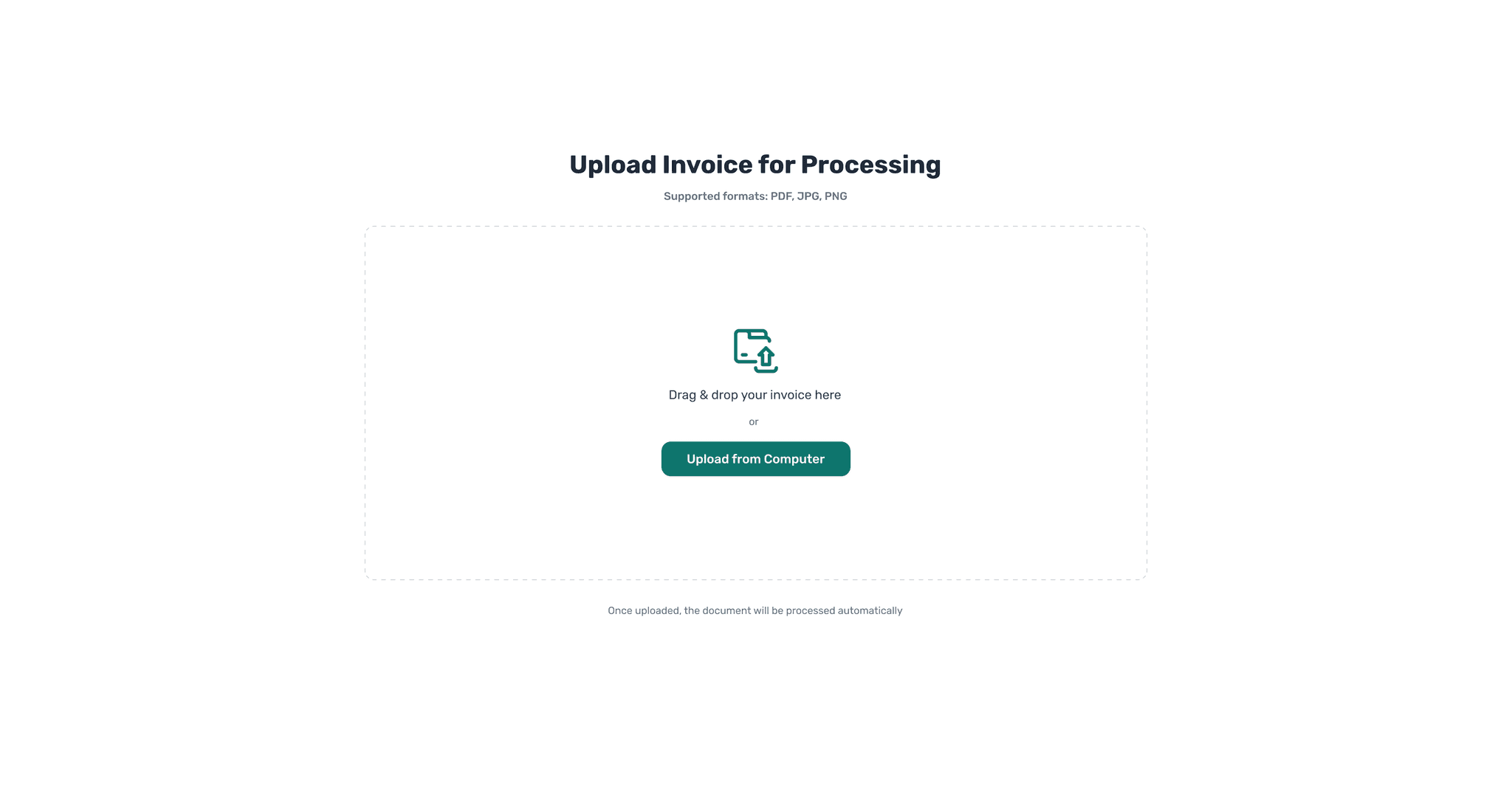 Invoice upload screen for processing