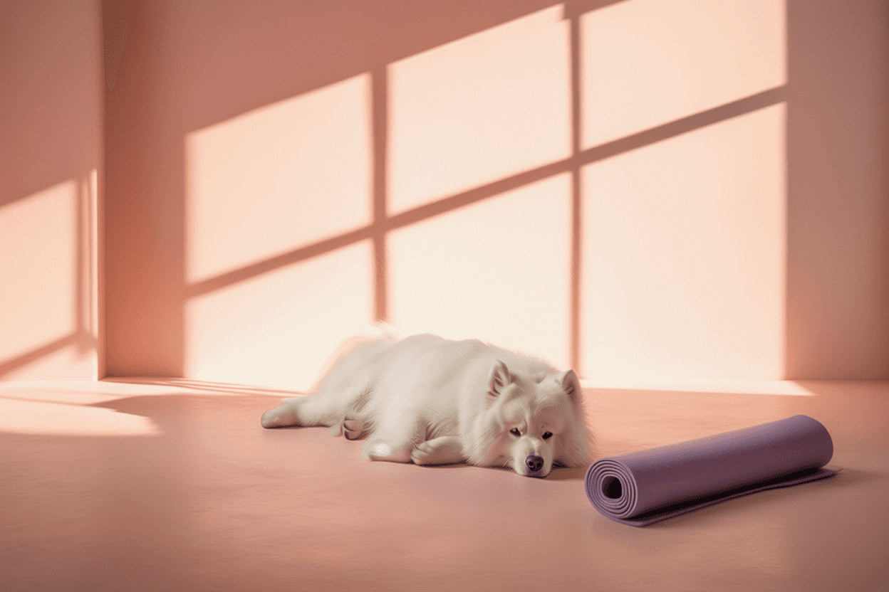 white dog about to do yoga