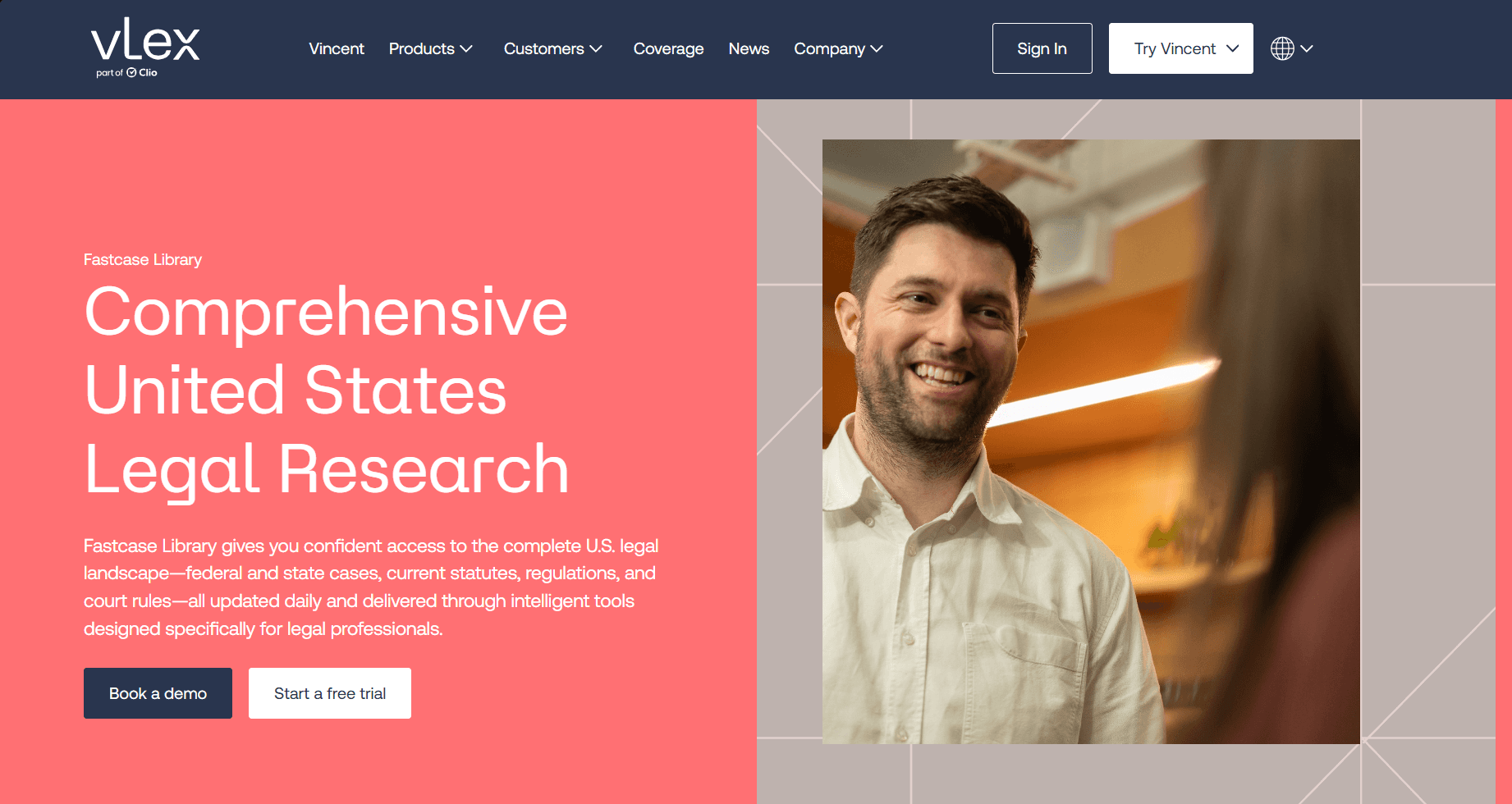 Homepage screenshot of vLex Fastcase Library featuring the headline “Comprehensive United States Legal Research,” with demo and free trial buttons alongside a professional portrait.