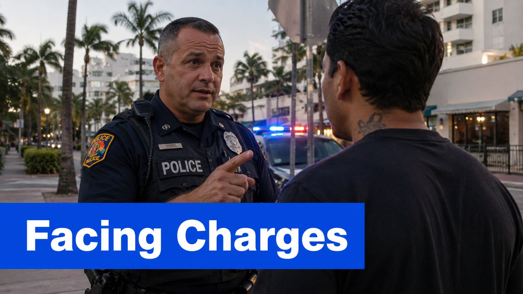 A police officer points a finger while speaking to a man on a city street.