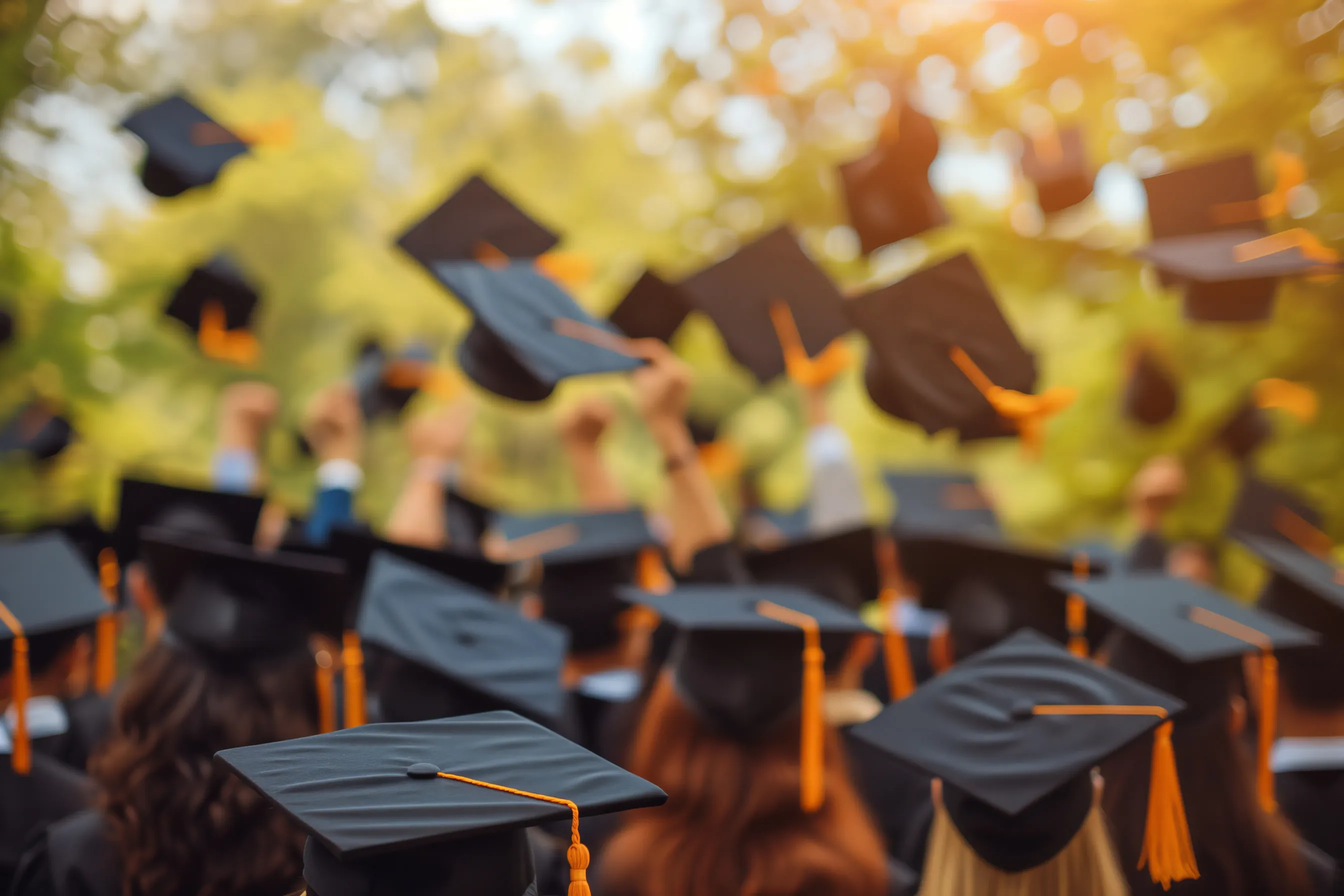 A hand holding a black graduation cap aloft before a large university building