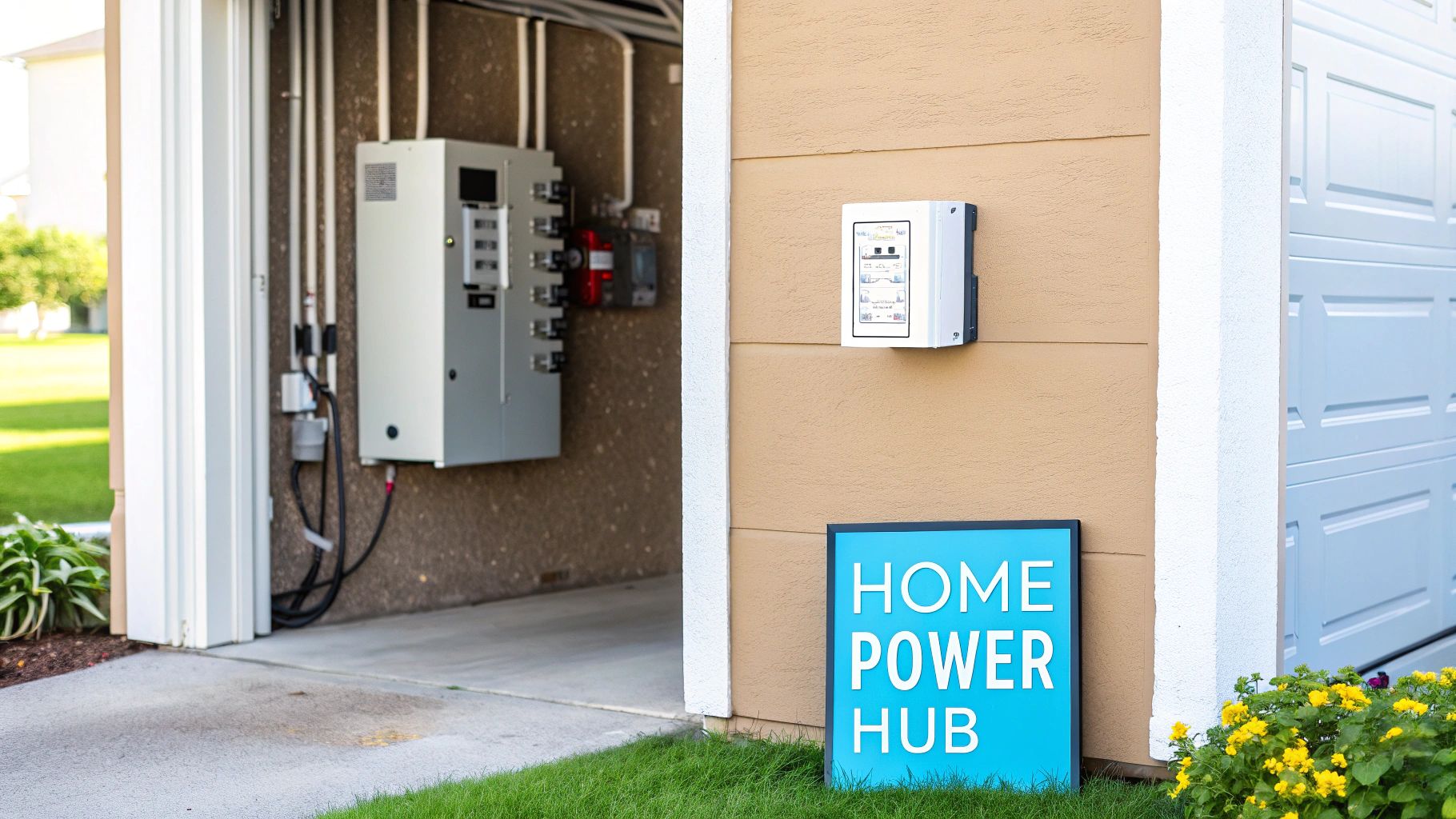 a blue sign leaning up against a house displaying the text 'home power hub'