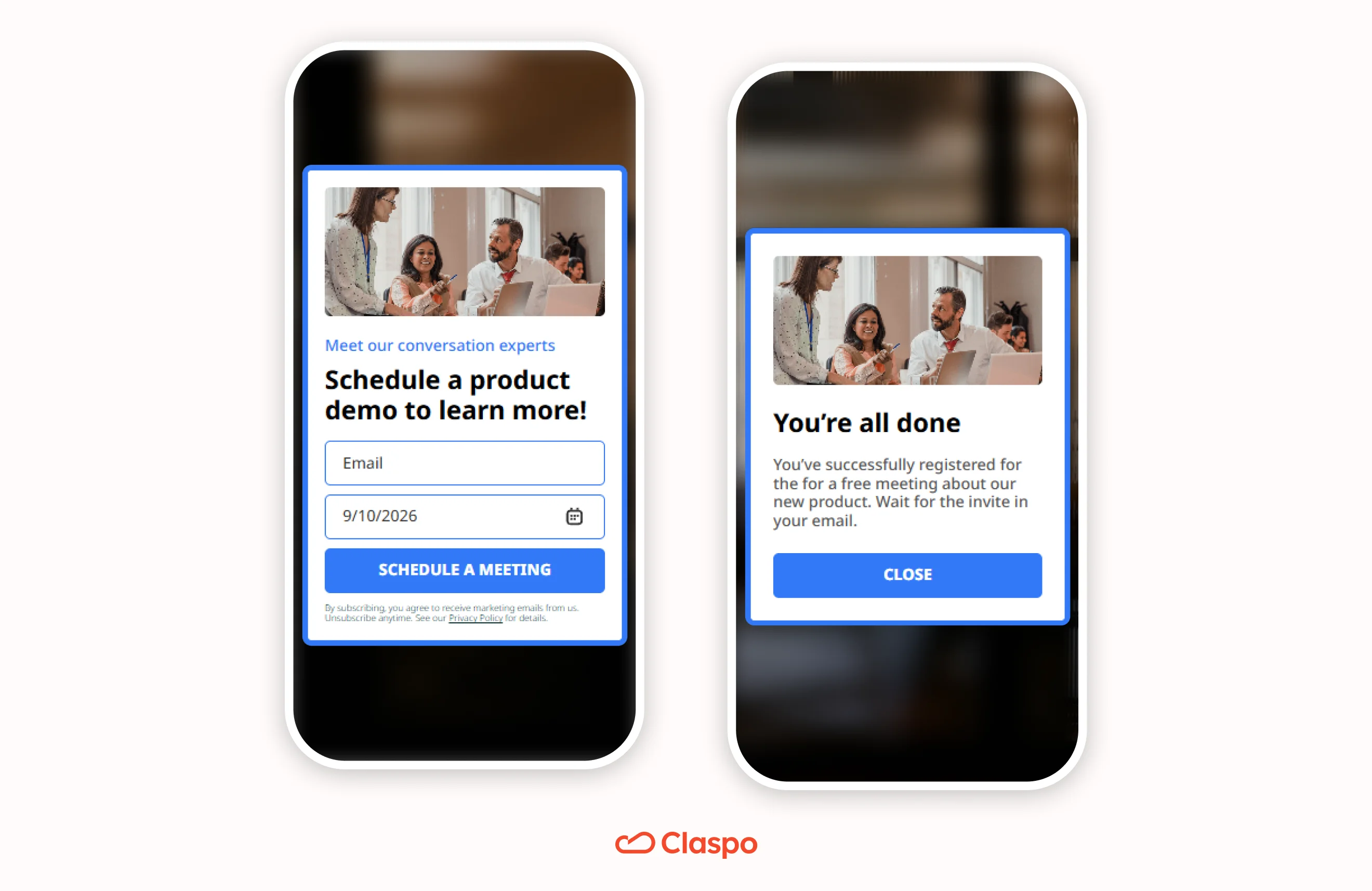 Claspo mobile popup template inviting SaaS visitors to schedule a product demo with email and date fields