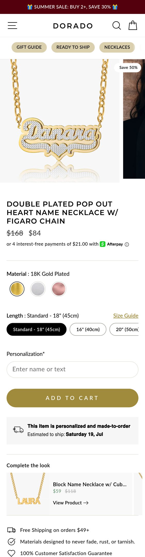 Jewelry product options include: necklace, pendant, chain for Double Plated Pop Out Heart Name Necklace w/ Figaro Chain from DORADO.