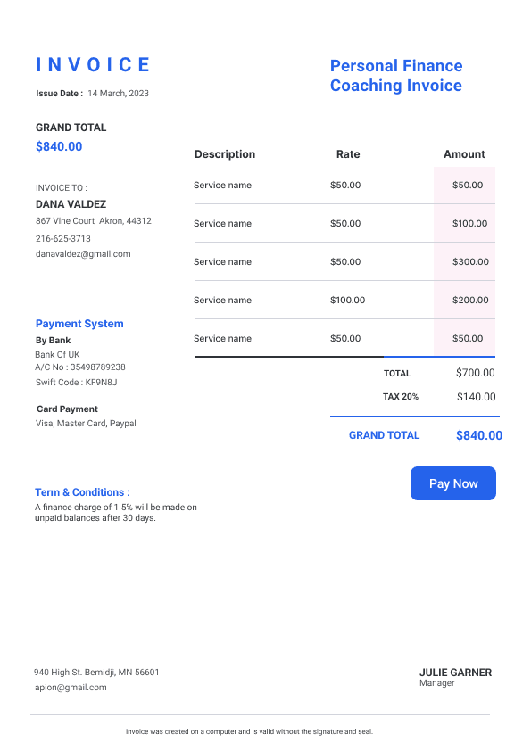 Personal Finance Coaching Invoice