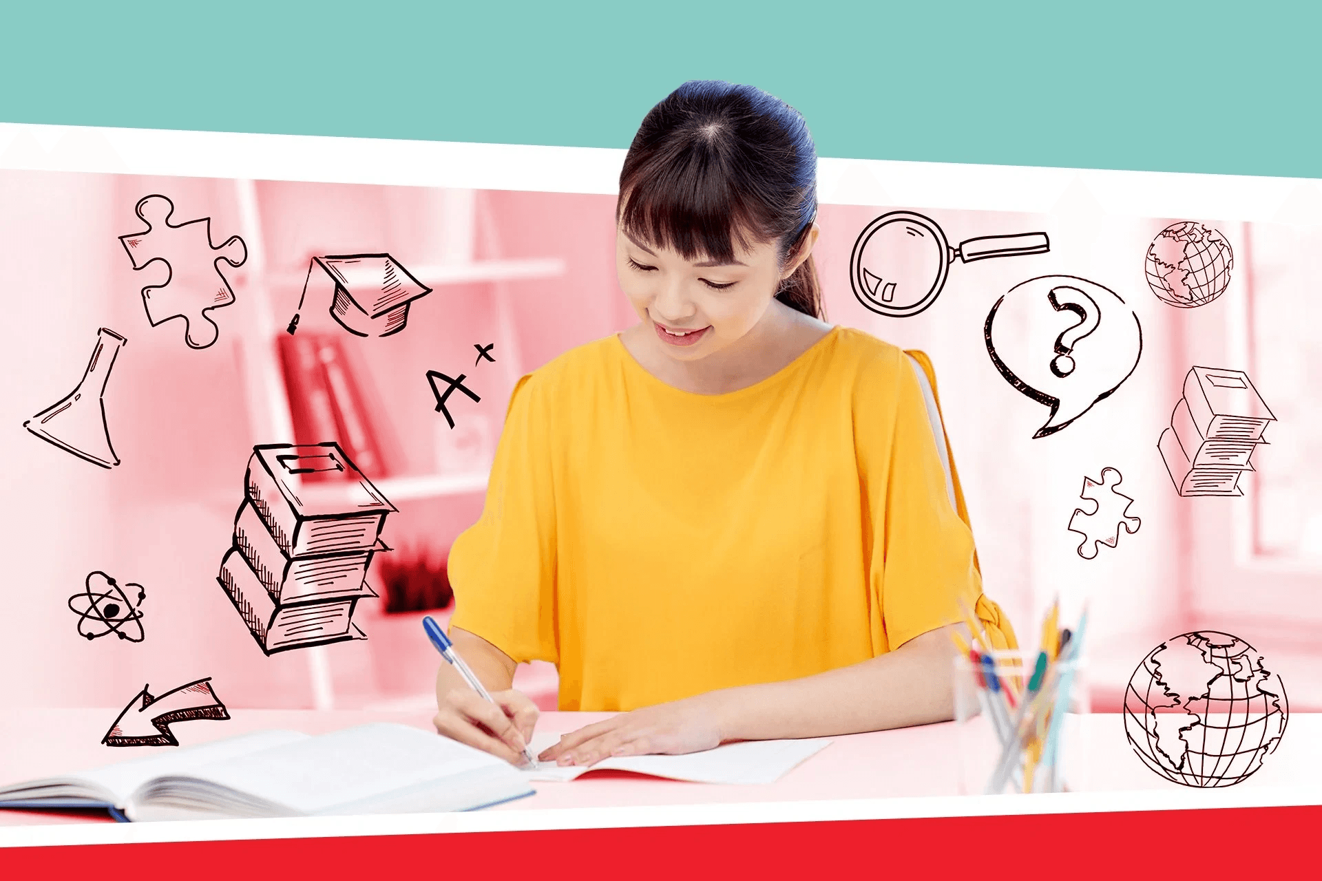 High school student writing academic research publication details on college application form
