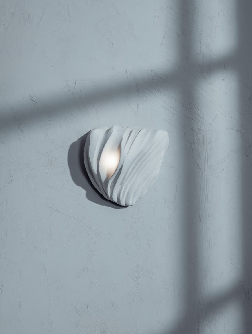 A modern, sculptural wall sconce with a soft, wave-like design emits a gentle glow against a textured, light gray wall with shadows cast from a window.