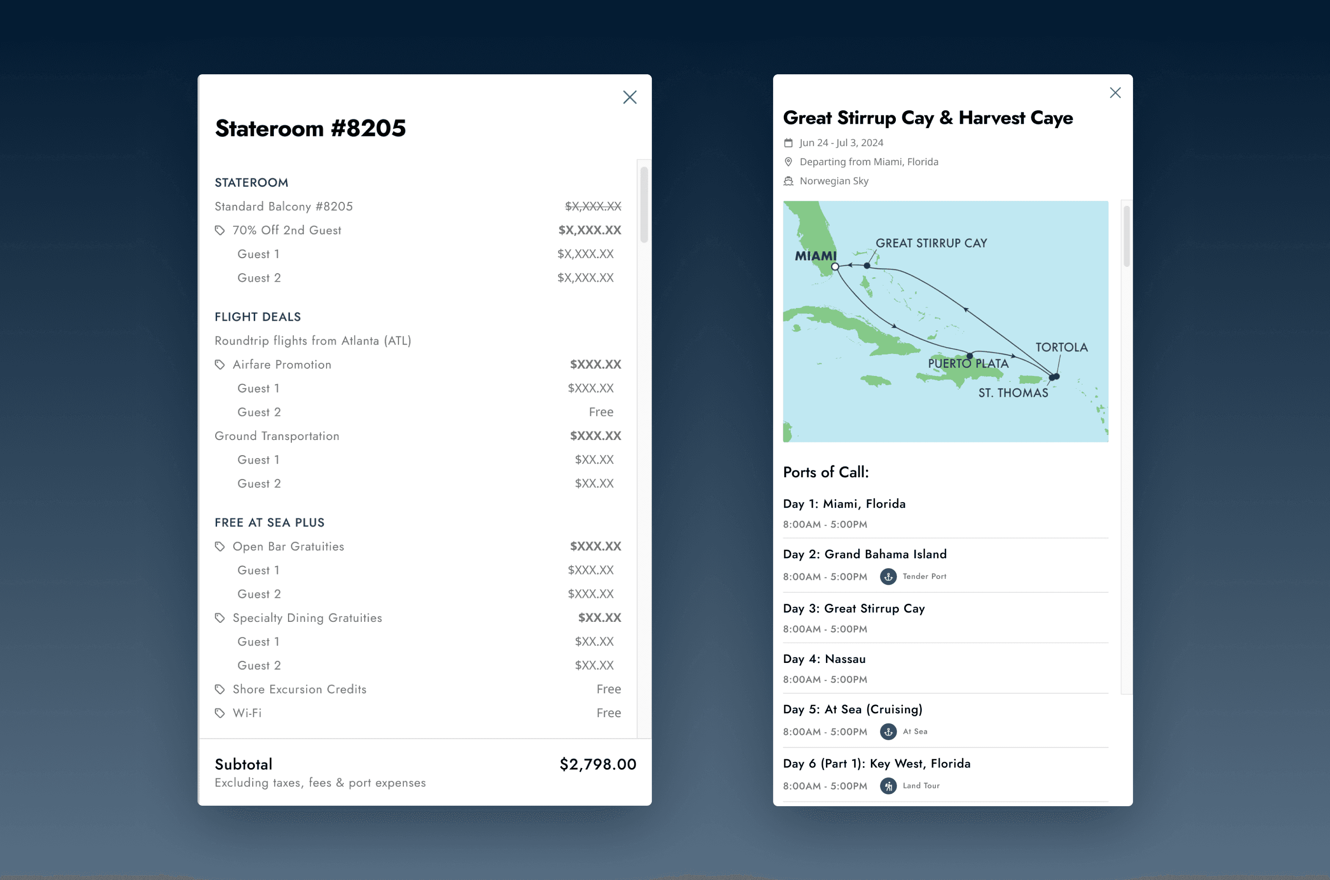 Contextual information available at any step — the itinerary and itemized price breakdown are always one tap away, without losing your place in checkout.