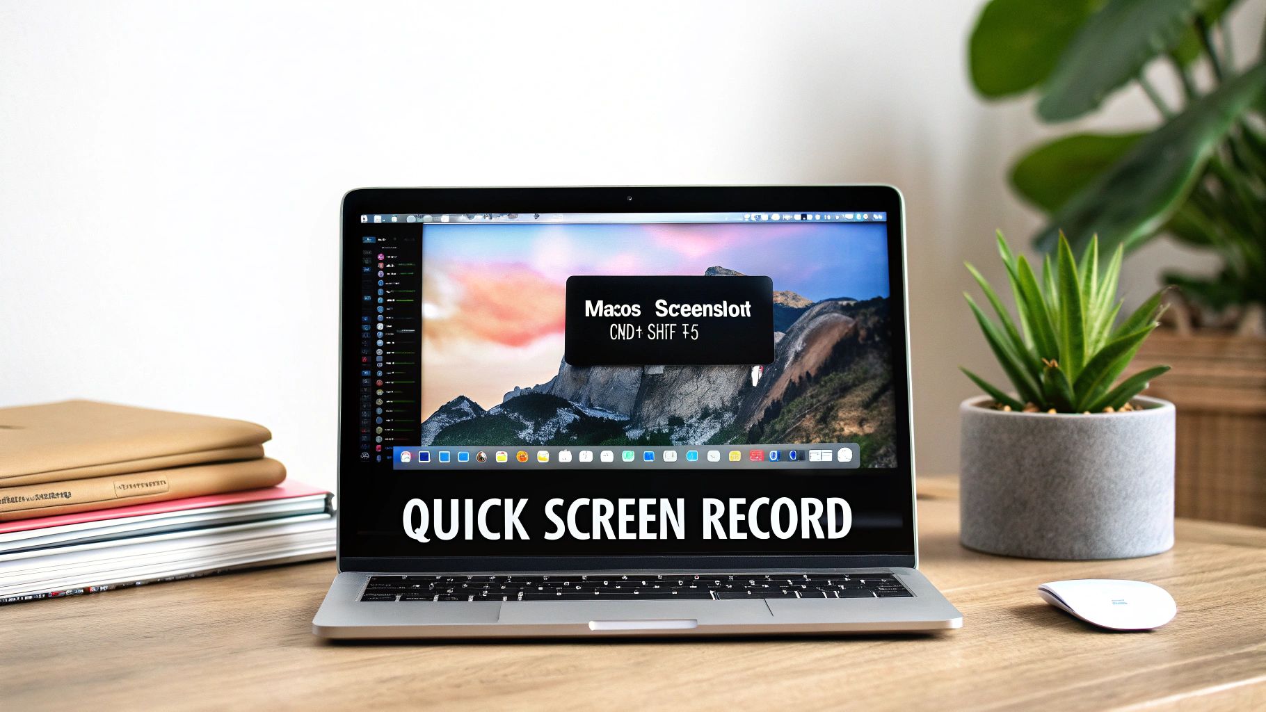 A MacBook Pro on a desk displays a screen recording shortcut and the text QUICK SCREEN RECORD.