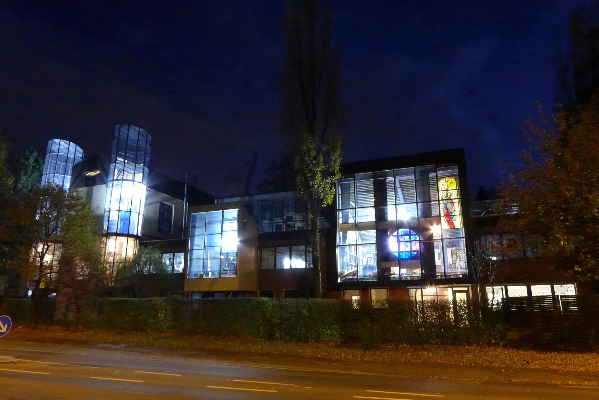 View of Derix Glasstudios in Taunusstein, Germany from the street at night
