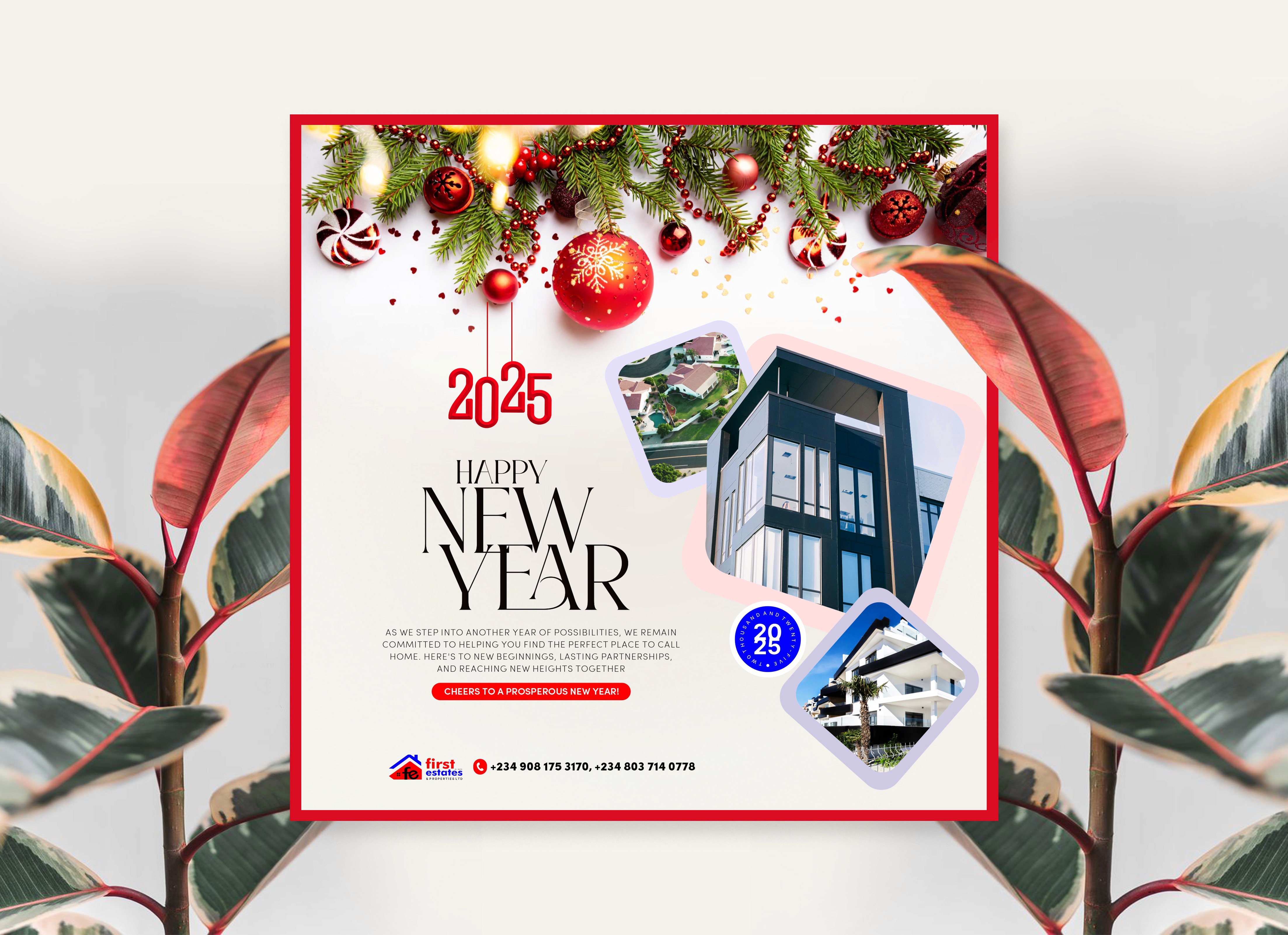 Happy New Year greeting design for First Estate, featuring festive visuals and warm messaging.