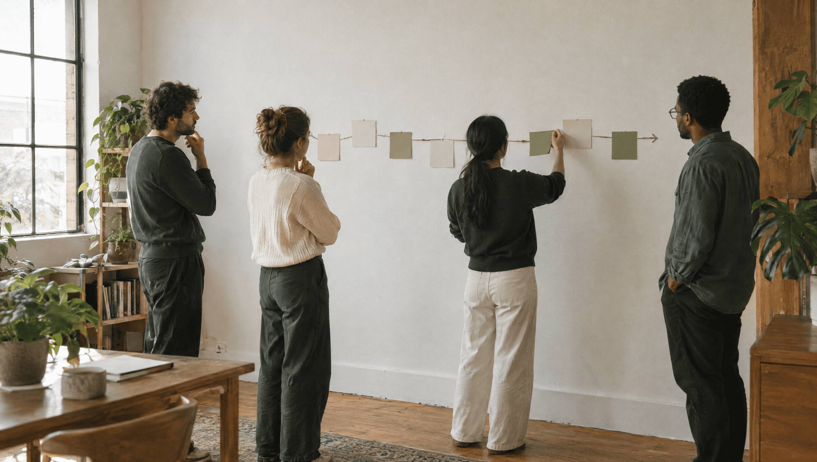 Team arranging paper cards on a wall into a left-to-right process flow
