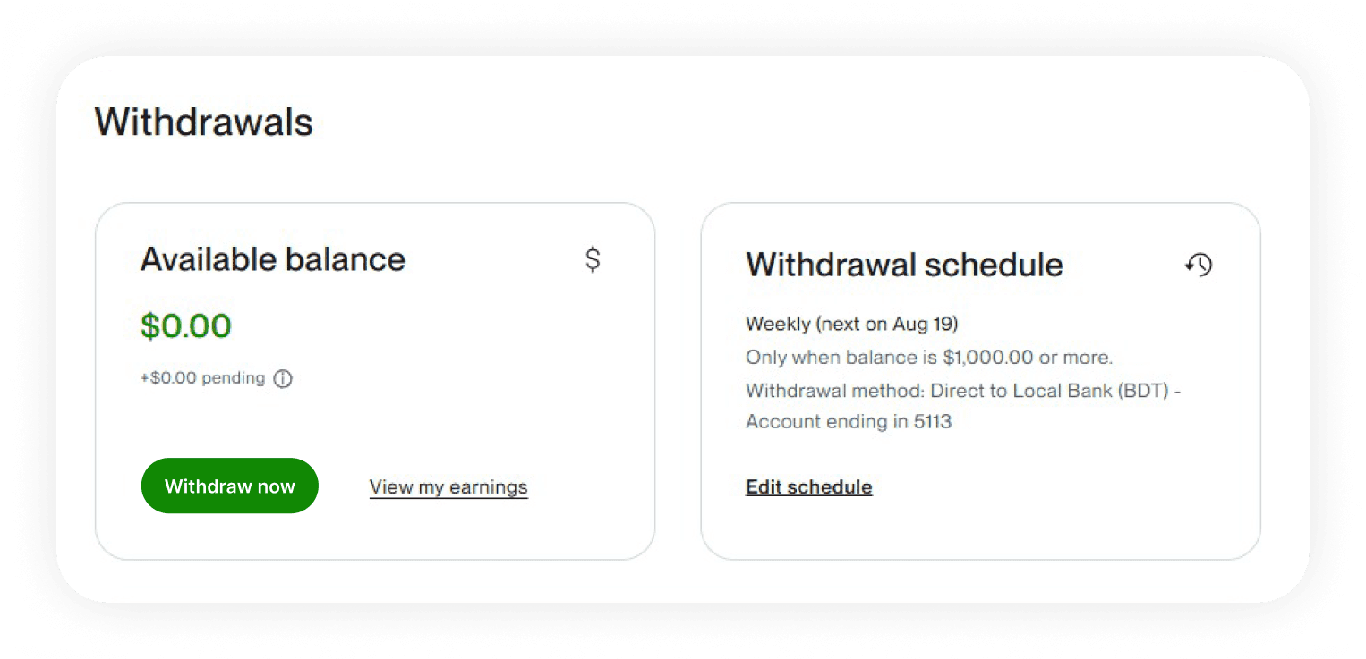 The Withdrawals page on Upwork showing the Withdraw now button.