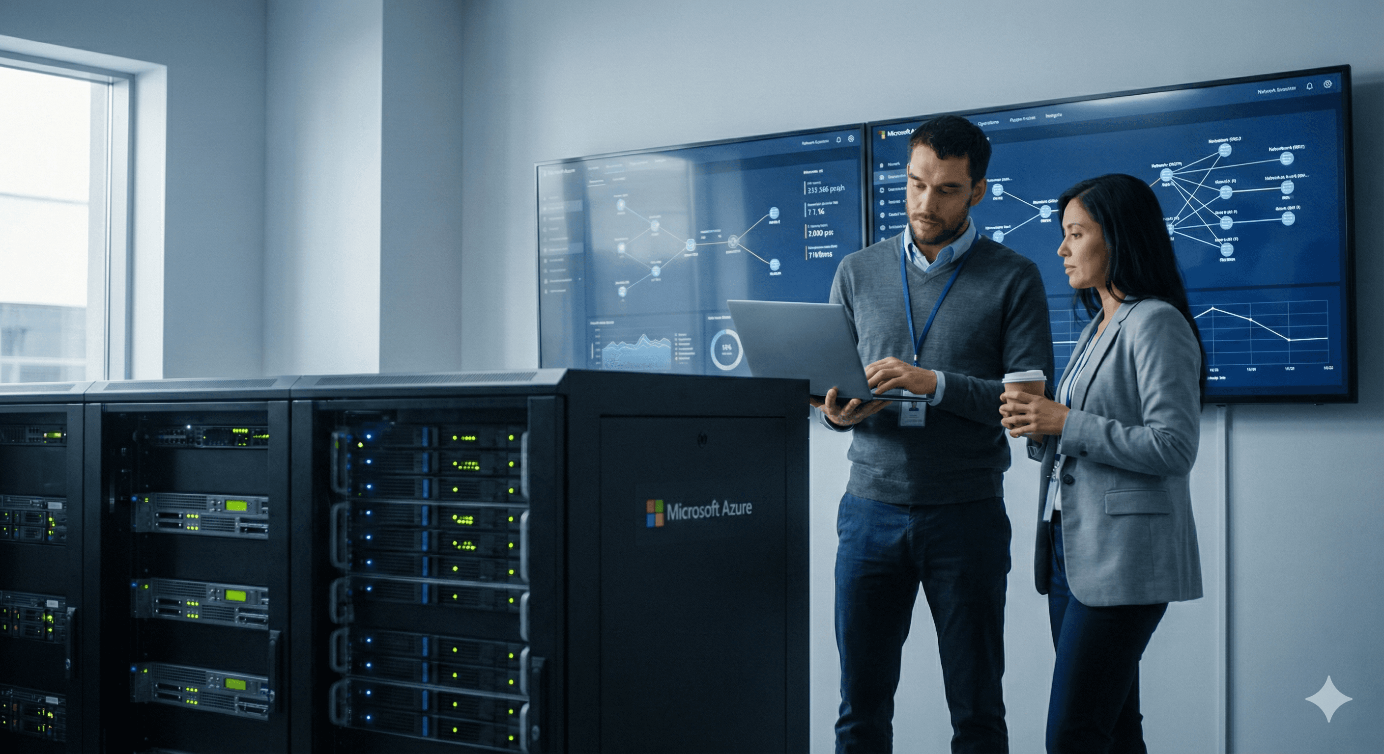 In a modern data center, two professionals discuss scaling PostgreSQL while examining detailed analytics on a large screen, surrounded by sleek, high-tech server racks.