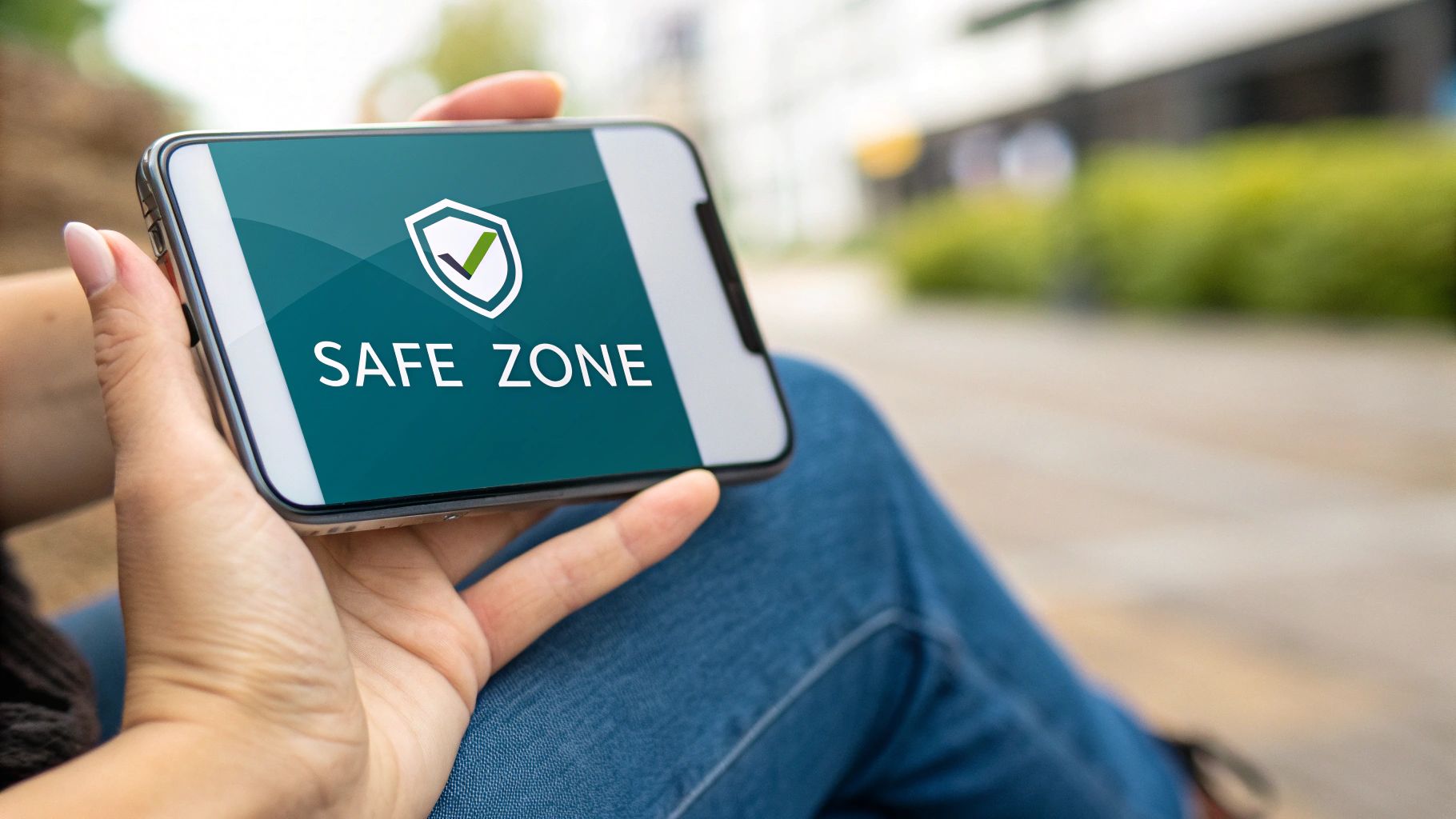 A person holds a smartphone horizontally displaying a 'SAFE ZONE' message with a shield icon.