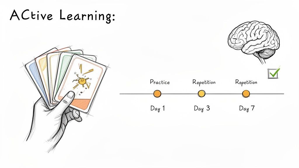 Illustration of active learning showing flashcards, a spaced repetition timeline, and a brain.