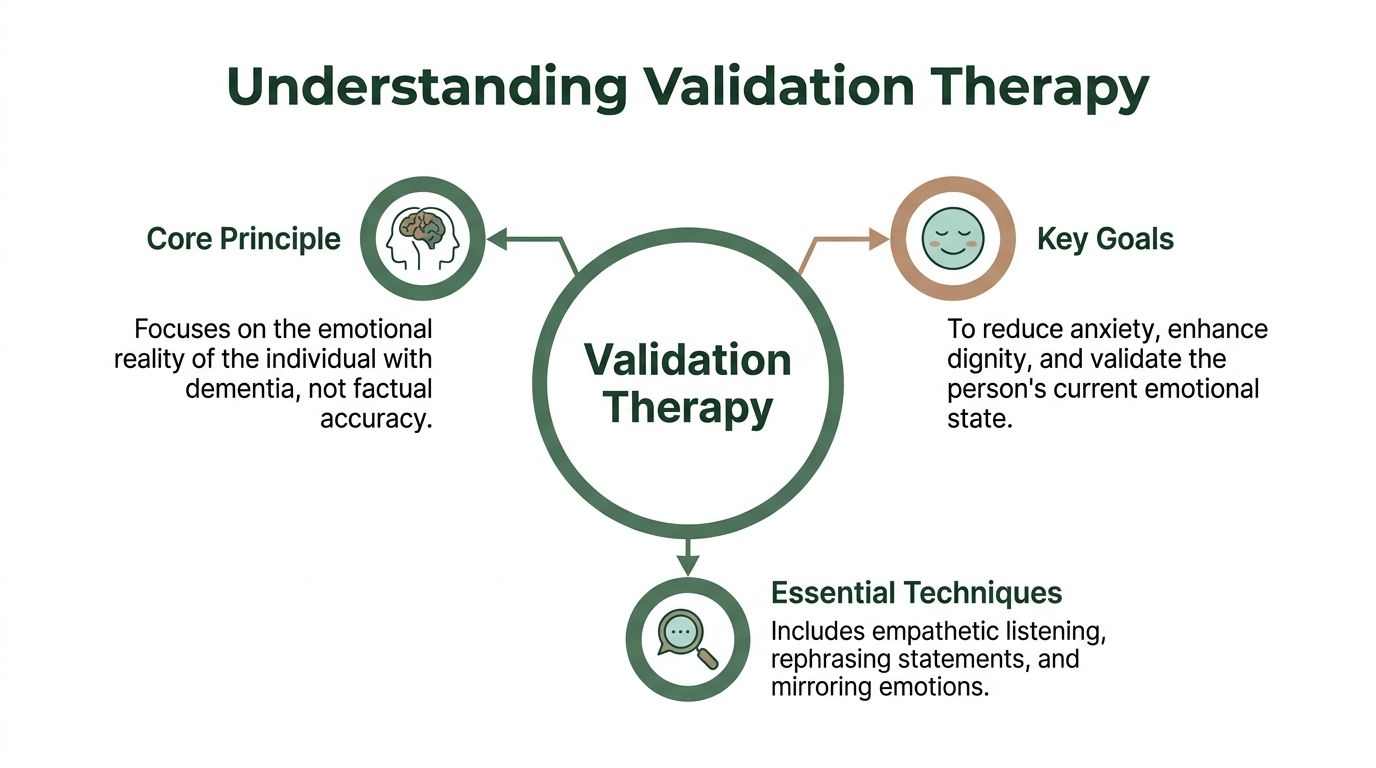 A diagram explaining validation therapy for dementia, highlighting its core principle, key goals, and essential techniques.
